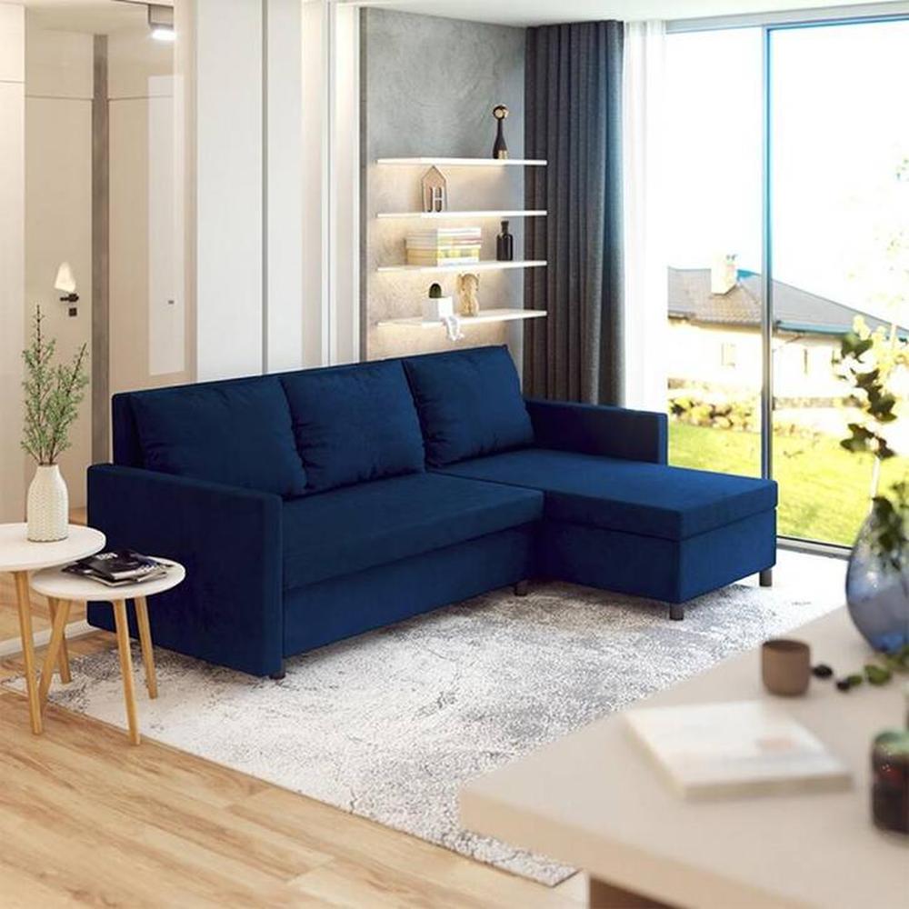 Wego 3 Seater LHS Pull Out Sofa cum Bed  in Navy Blue Colour - Home Lifestylez