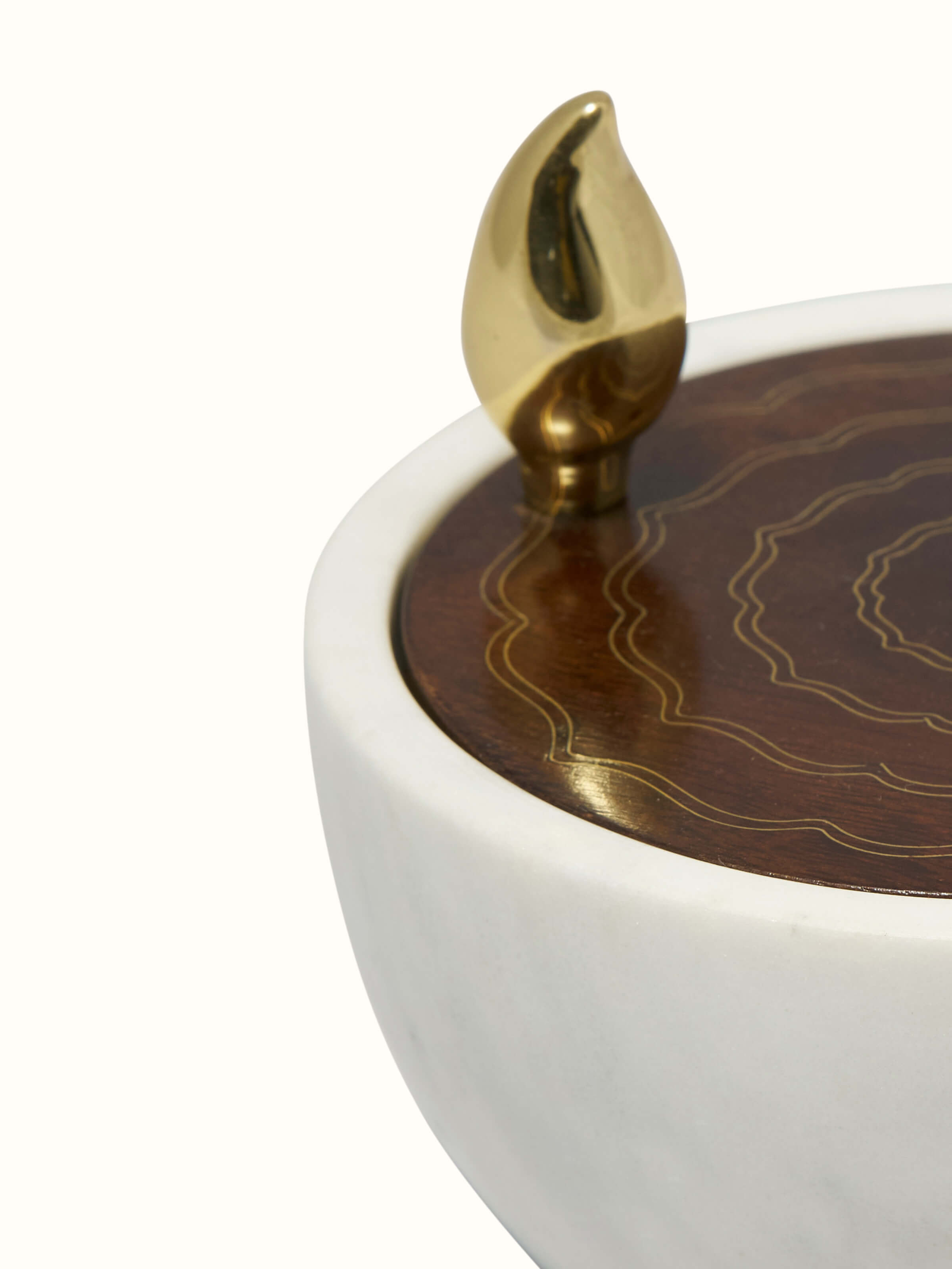 Angled view of Polished Blue Pottery Marble & Wood Devotional Container showcasing its unique design and materials