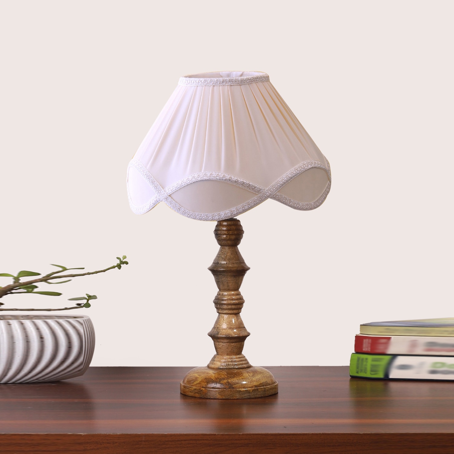Devansh Off-White Cotton Vintage  Lamp With Wood Base (12X12X18) - Devansh
