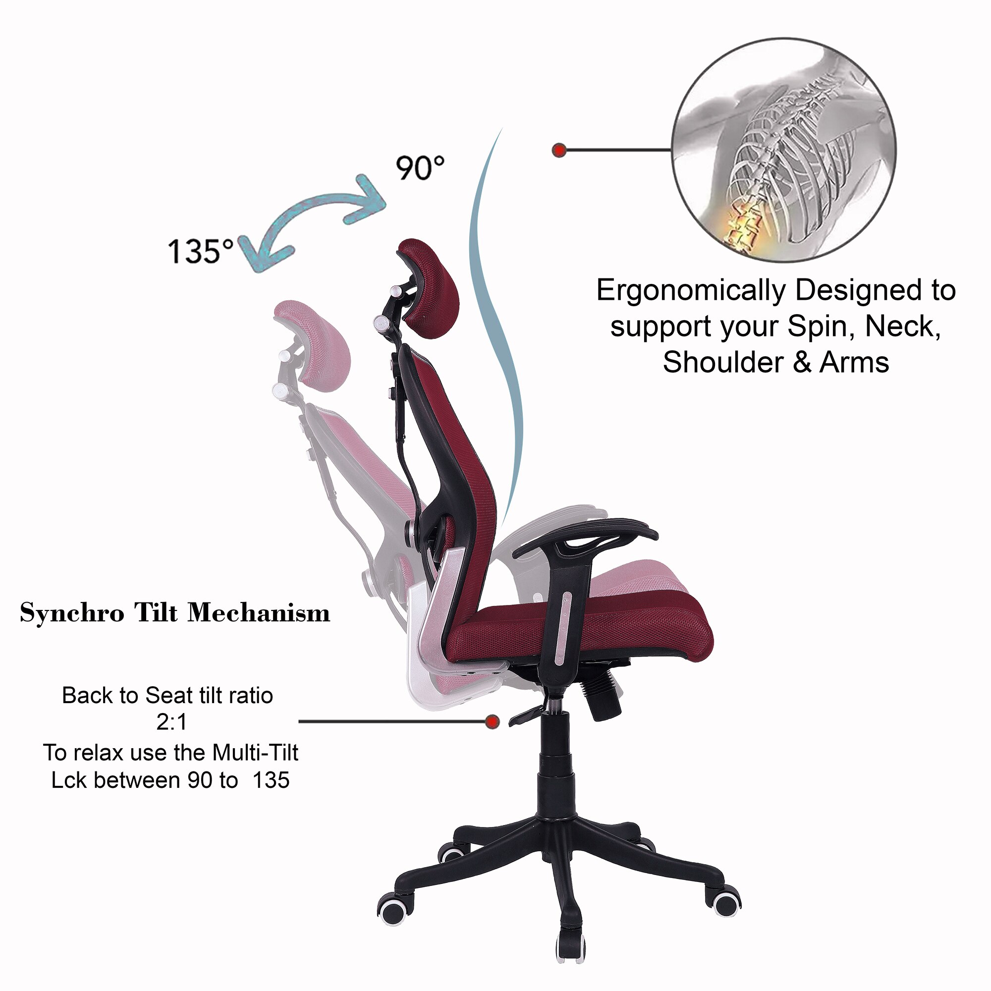Reaii Mid Back Ergonomic Chair in Maroon Colour