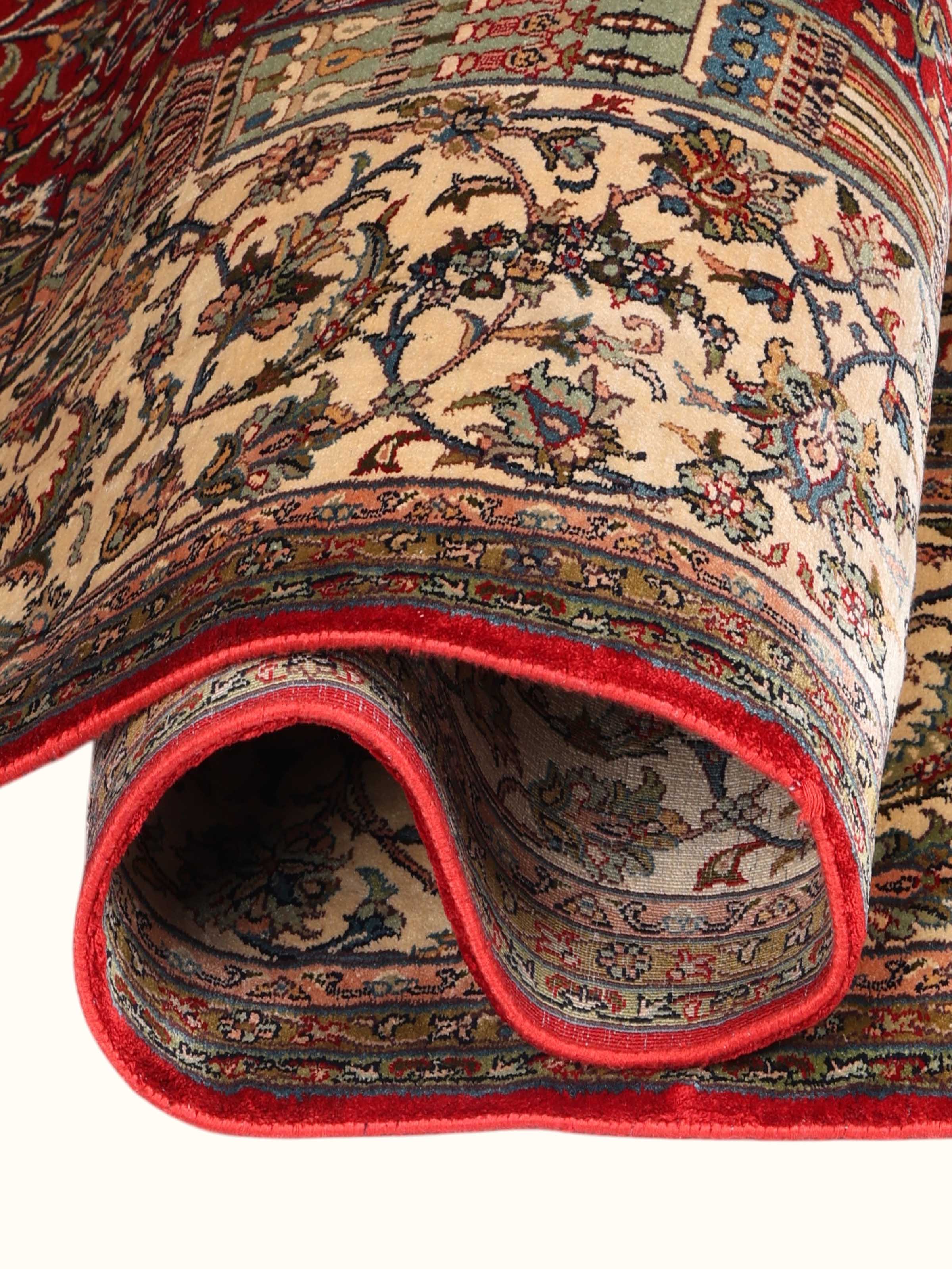 Traditional Persian Red Ivory Kashan Kashmir Silk Hand-Knotted Carpet