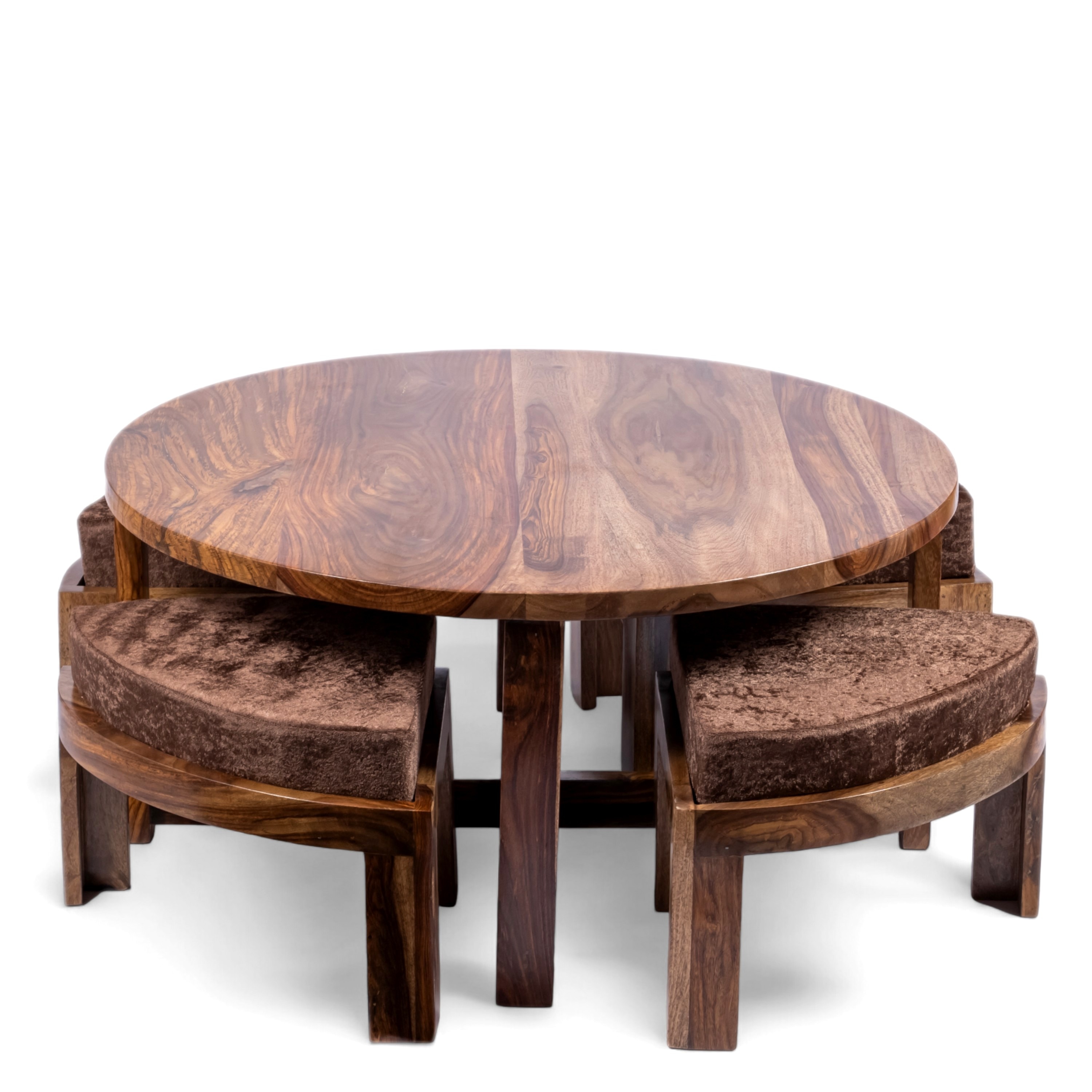 Nashville Sheesham Wood 4 Seater Coffee Table Set In Teak Finish Brown Sparkle Velvet Cushion