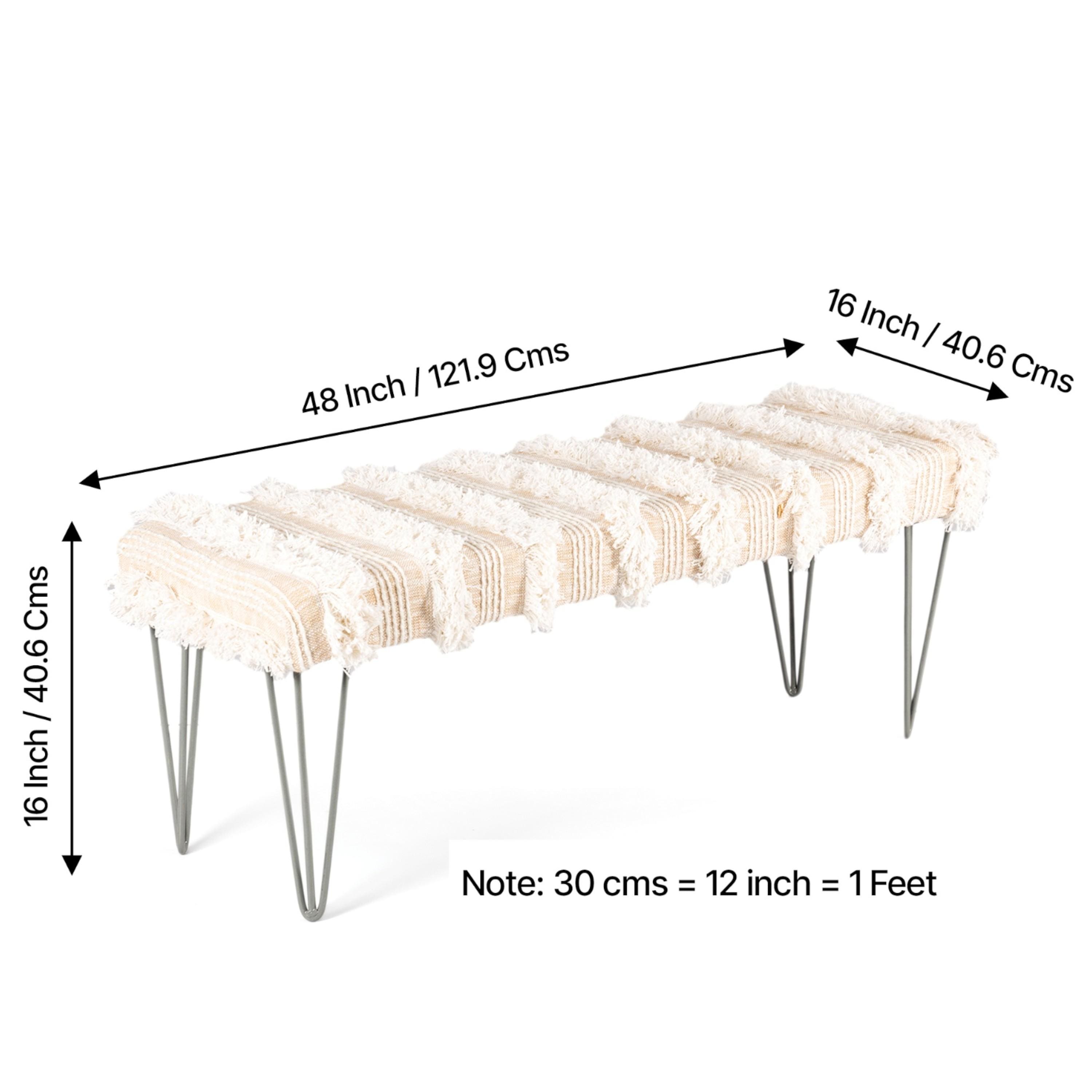 Belmont Sheesham Wood Mid Century 3 Seater Bench With Metal Legs In Beige Fabric