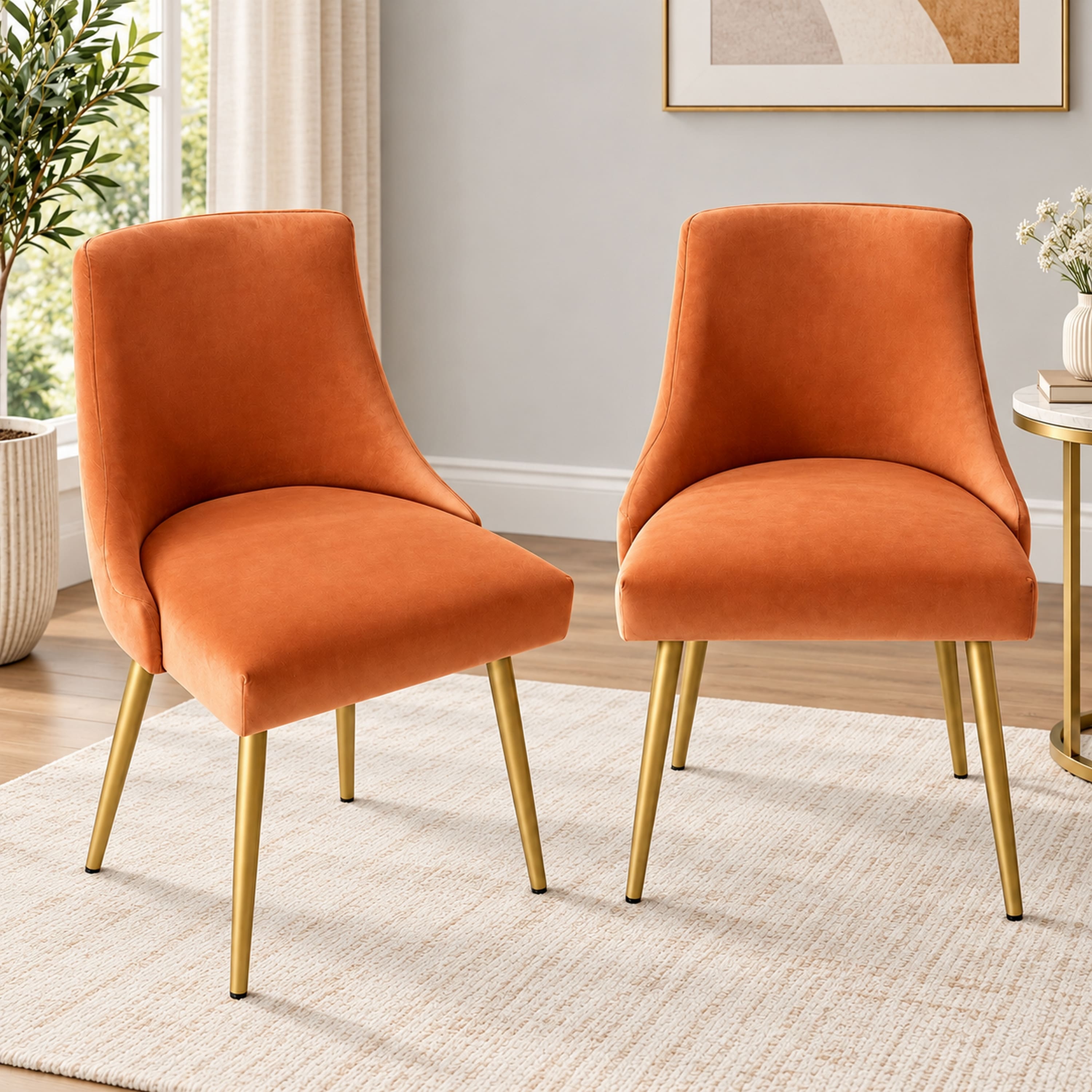Rosslyn Sheesham Wood Set of 2 Accent Chairs in Peach Velvet Upholstery with Metal Legs