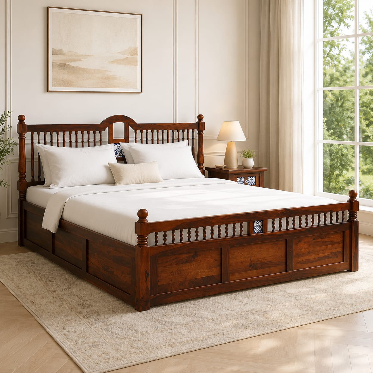 Nilaya Sheesham Wood King Size Bed in Honey Oak Finish with Box Storage - Woodenmood