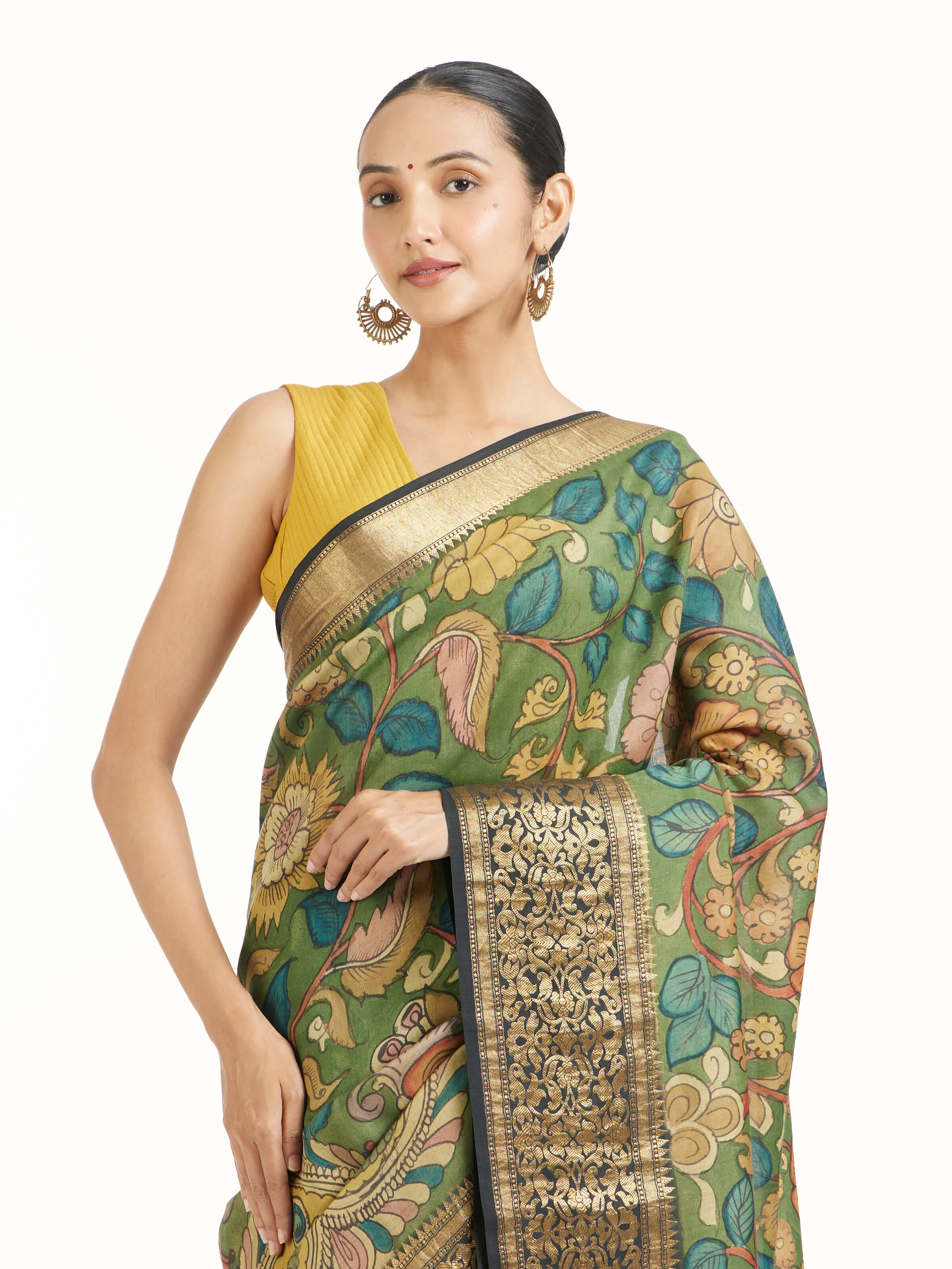 Angled view of kalamkari chiniya silk saree highlighting kalamkari artwork