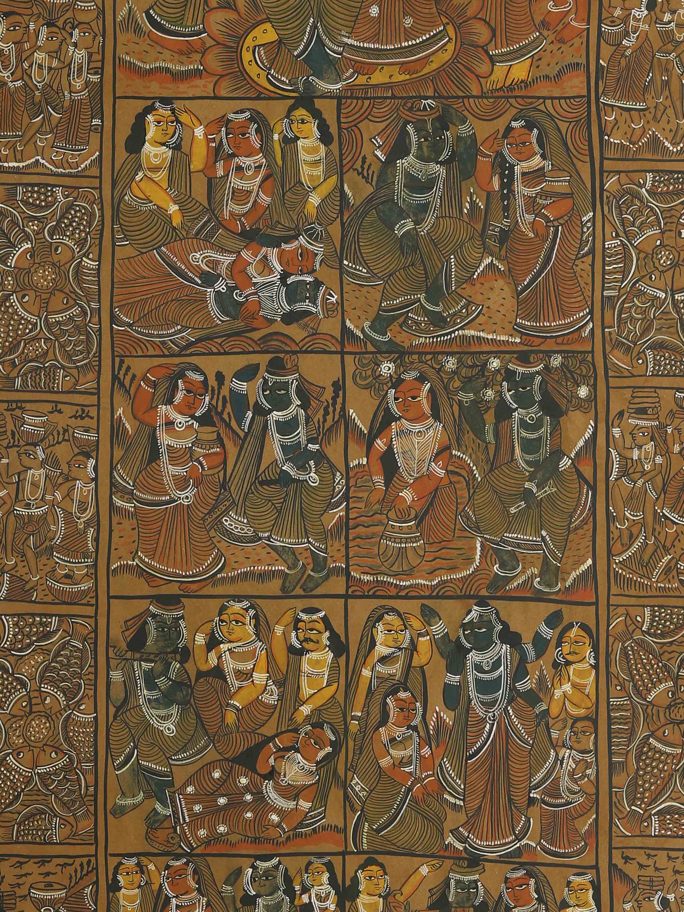 Detail close-up of Krishna story Kalighat painting showing brushwork and colors