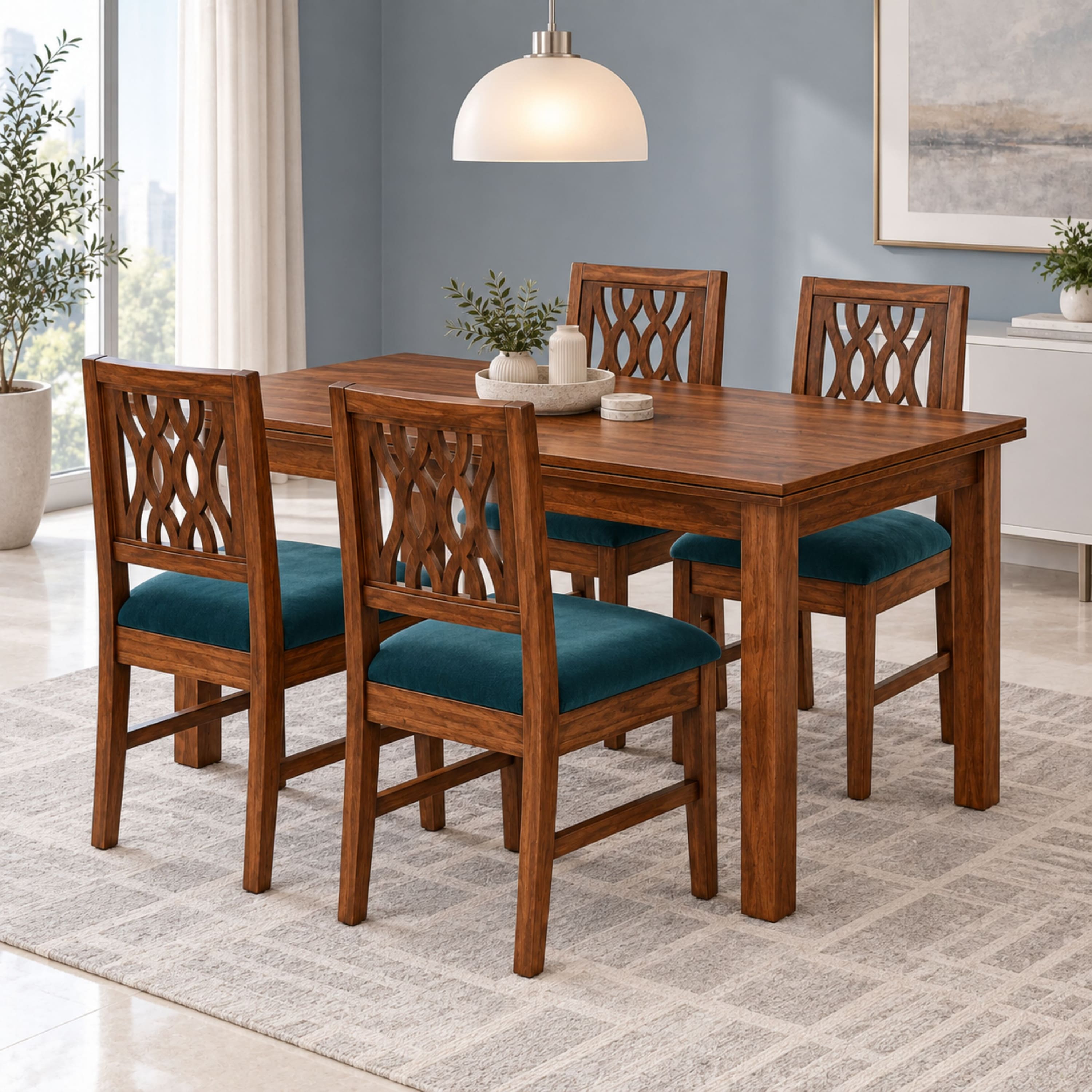 Globally Indian Bandhana Solid Sheesham Wood 4 Seater Dining Table Set 4 Chairs Teal Green