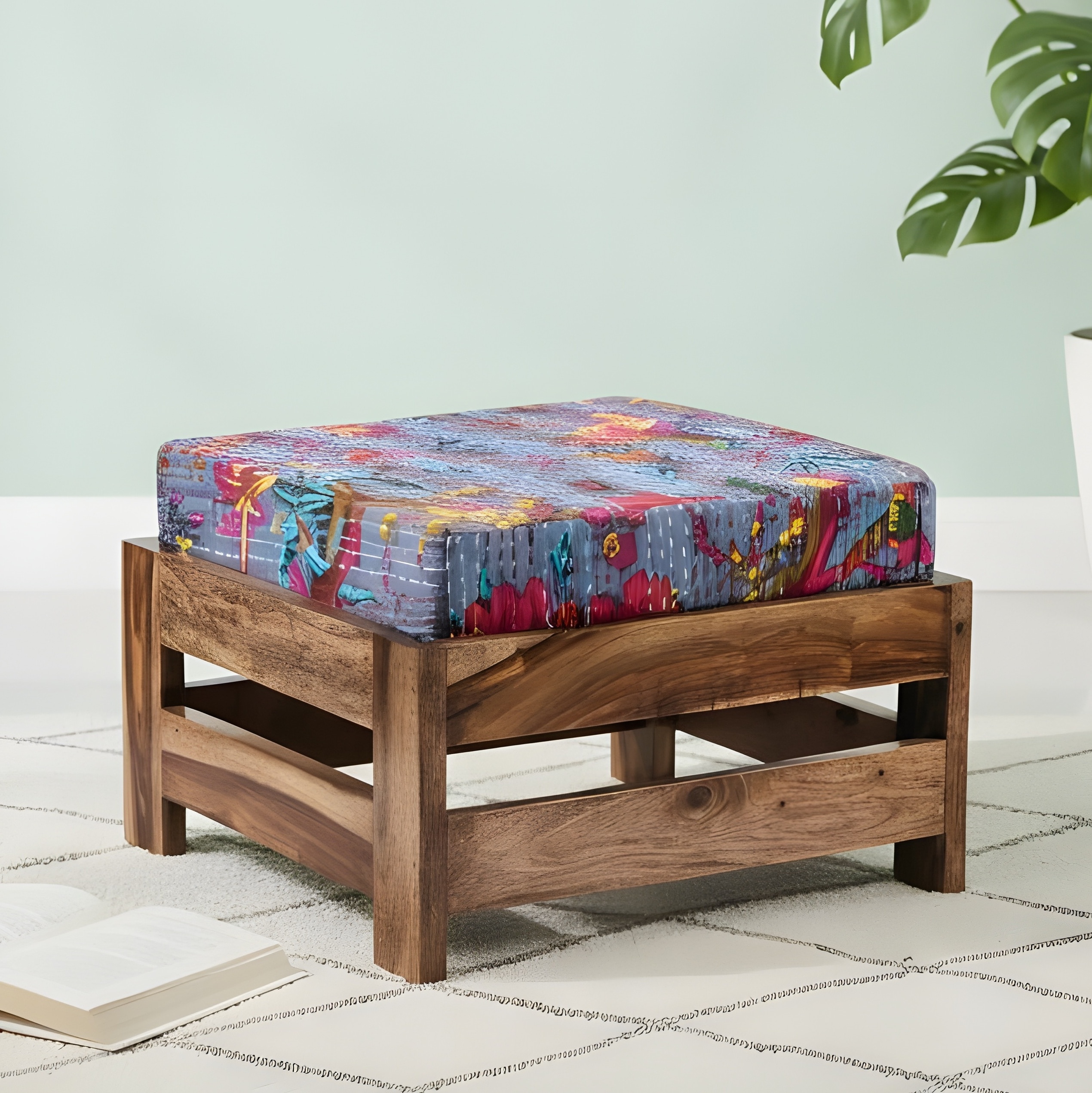 Amber Rosewood Foot Stool with Bird Print Grey Kantha Cushion