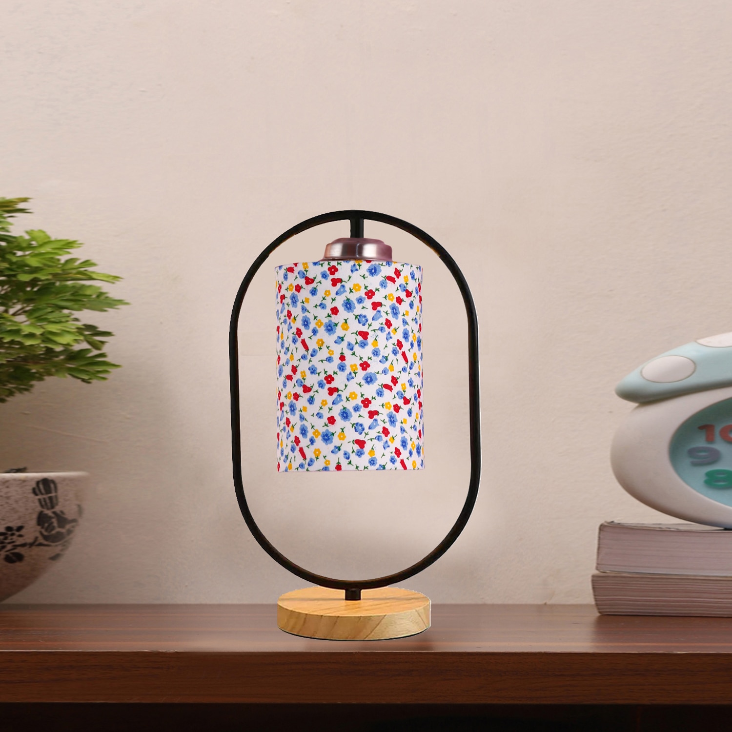 Devansh Printed  Cotton Drum  Wooden & Iron Table Lamp -17 Inch Height  -P