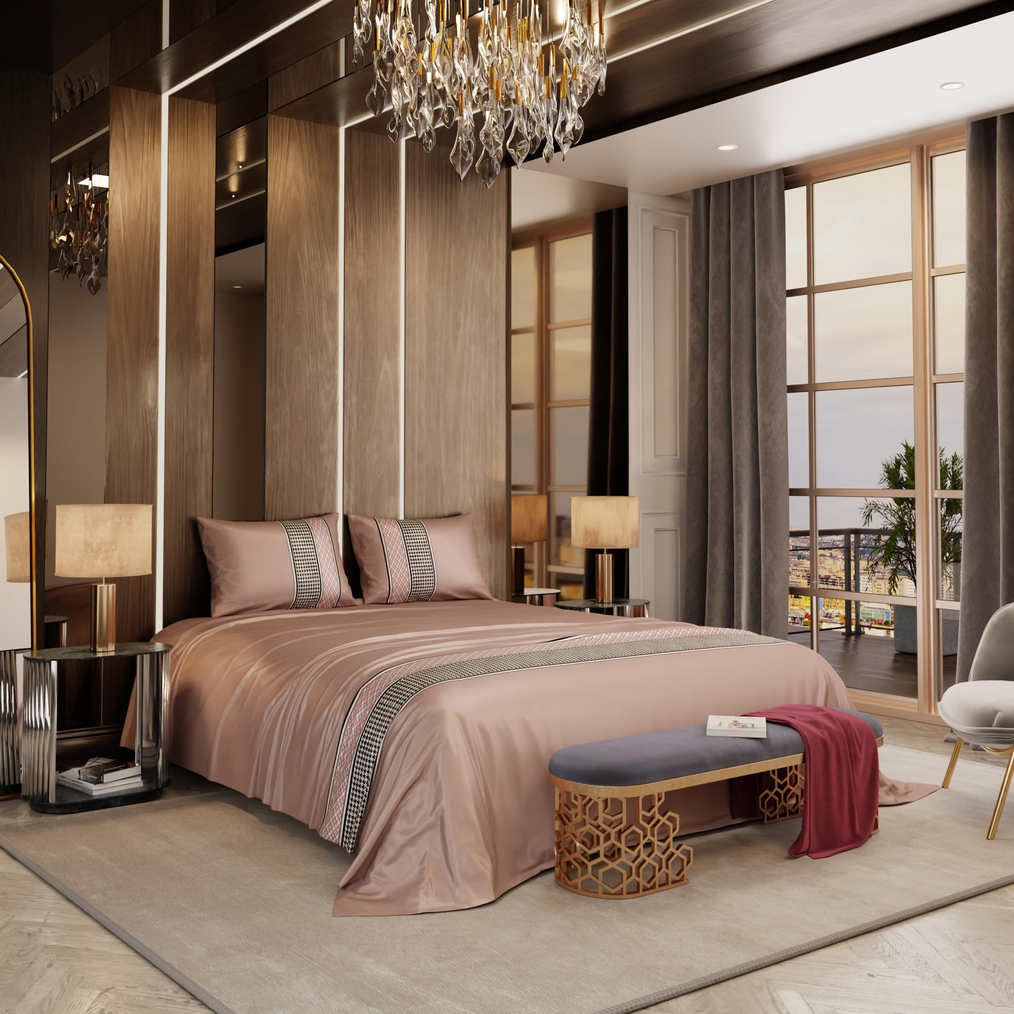Stoa Paris Satin Bedsheet for Super King Bed (274 cm x 274 cm) with 2 Pillow Covers heet for Estate Champagne - Stoa Paris