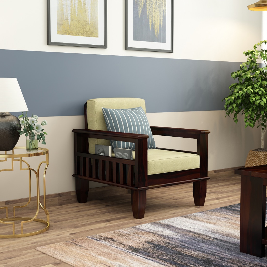 Madhavi 1 Seater Wooden Sofa (Creame Colour, Walnut Finish) - Woodenmood