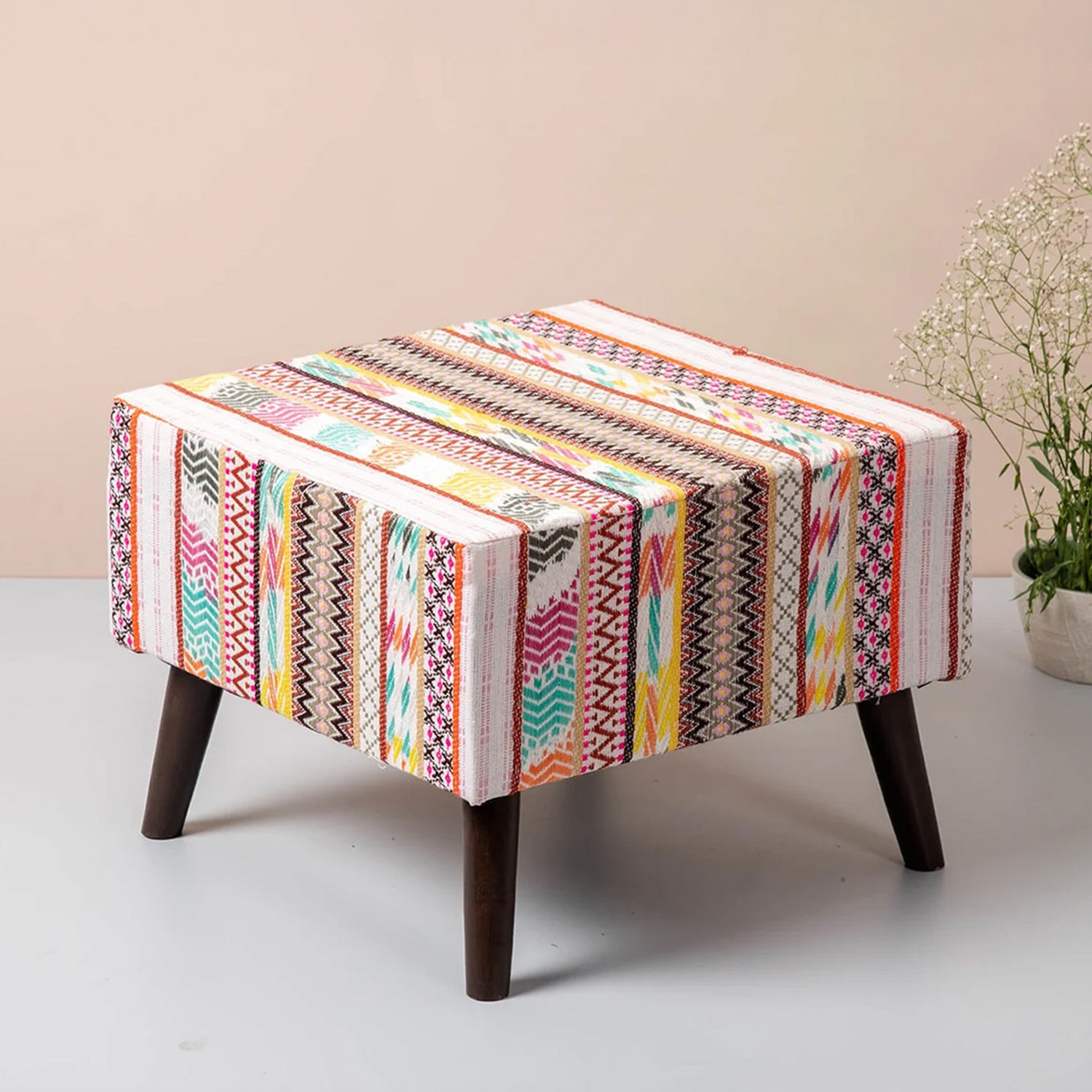 Hues Jacquard Wooden Stool in Multi Color - Nestroots