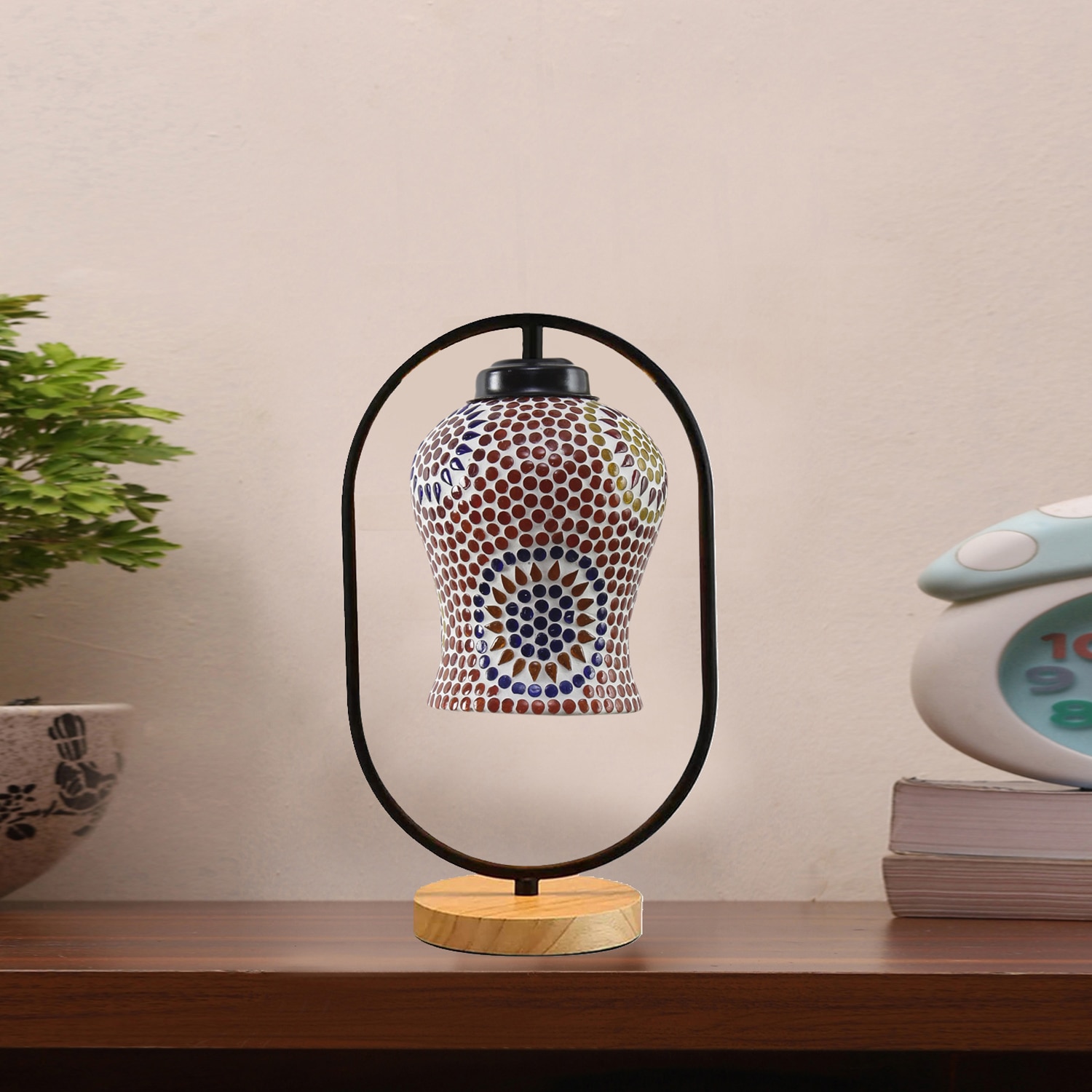 Devansh Multicolor Glass Wooden & Iron  Table Lamp -17 Inch Height  -Ajh