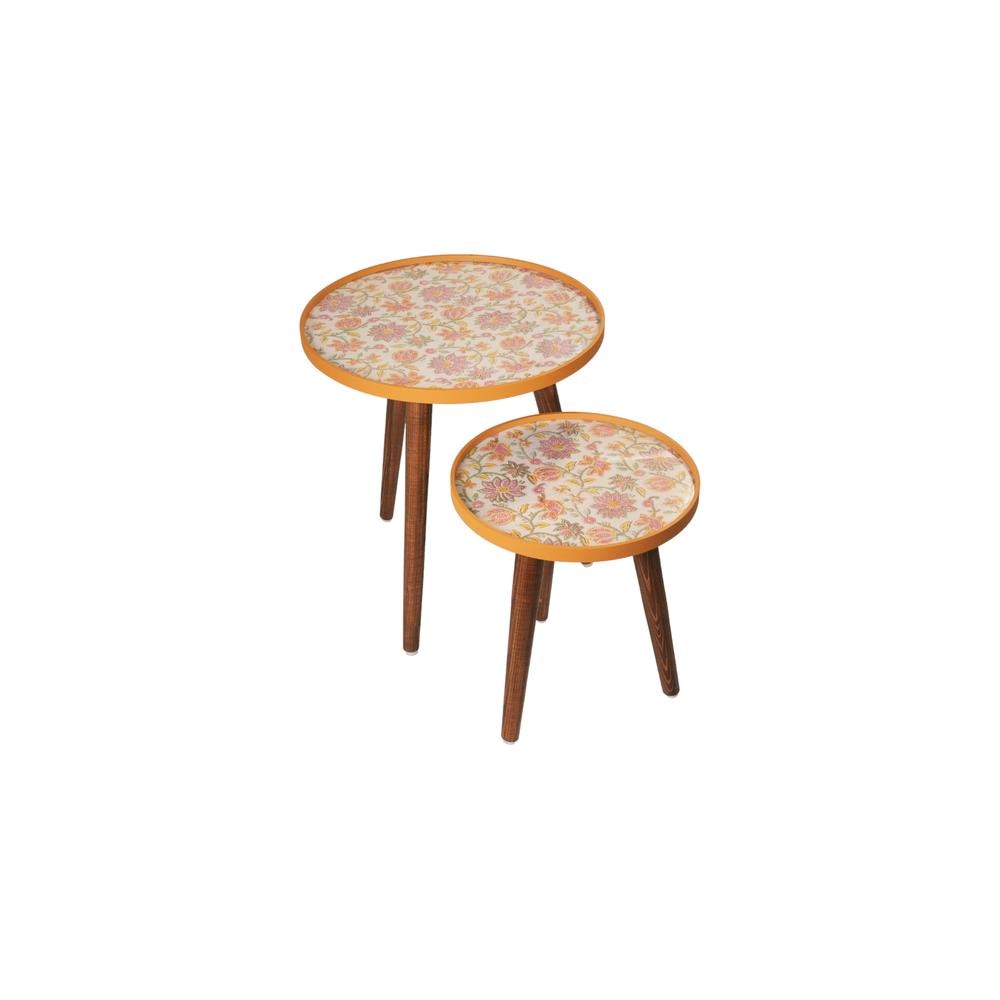 Pink and Yellow Floral Round Nesting Tables with Wooden Legs, Side Tables, Wooden Tables, Living Room Decor by A Tiny Mistake