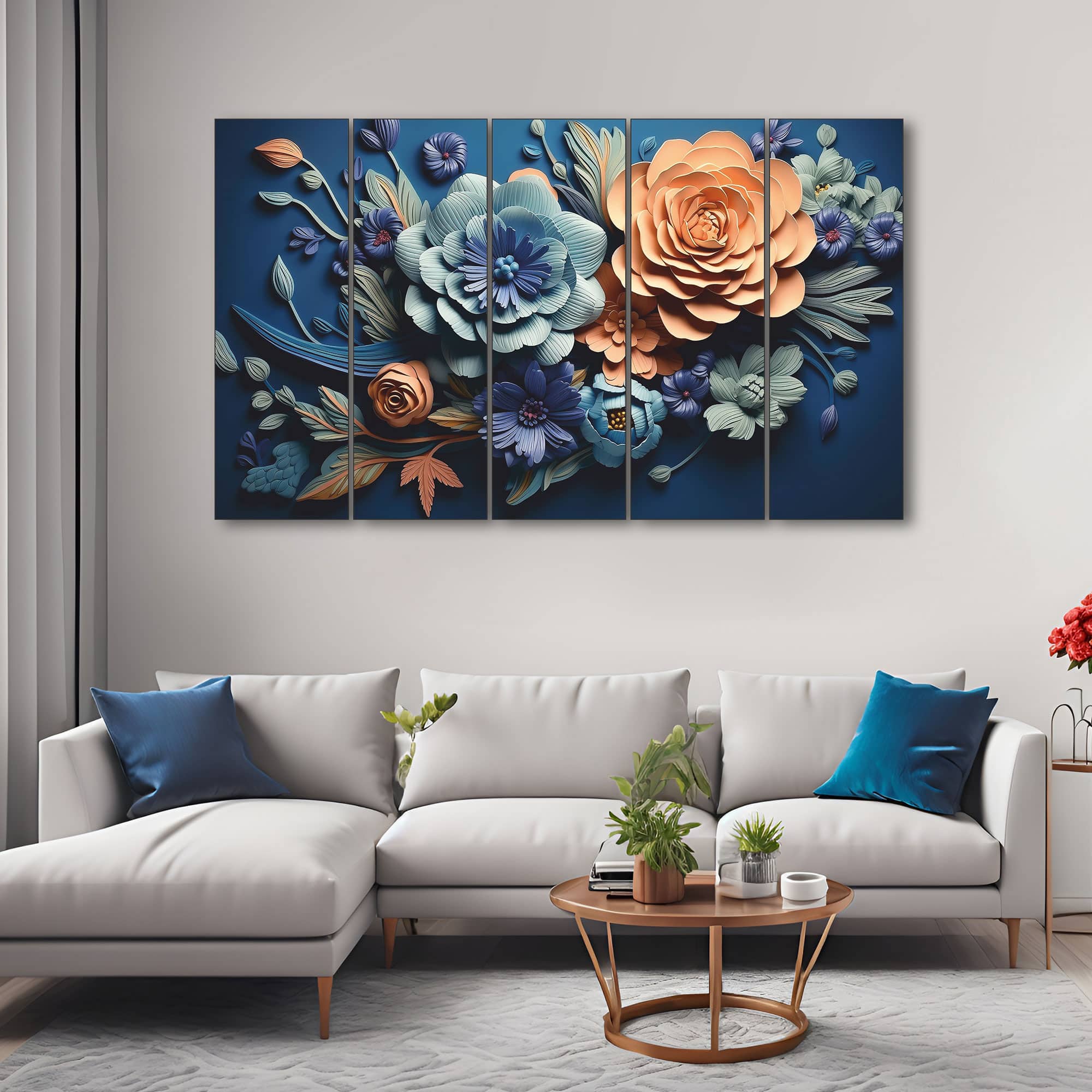 The Castle Decor Multicolour 3D Flowers Wall Art Set of 5 27x48 Inch - The Castle Decor