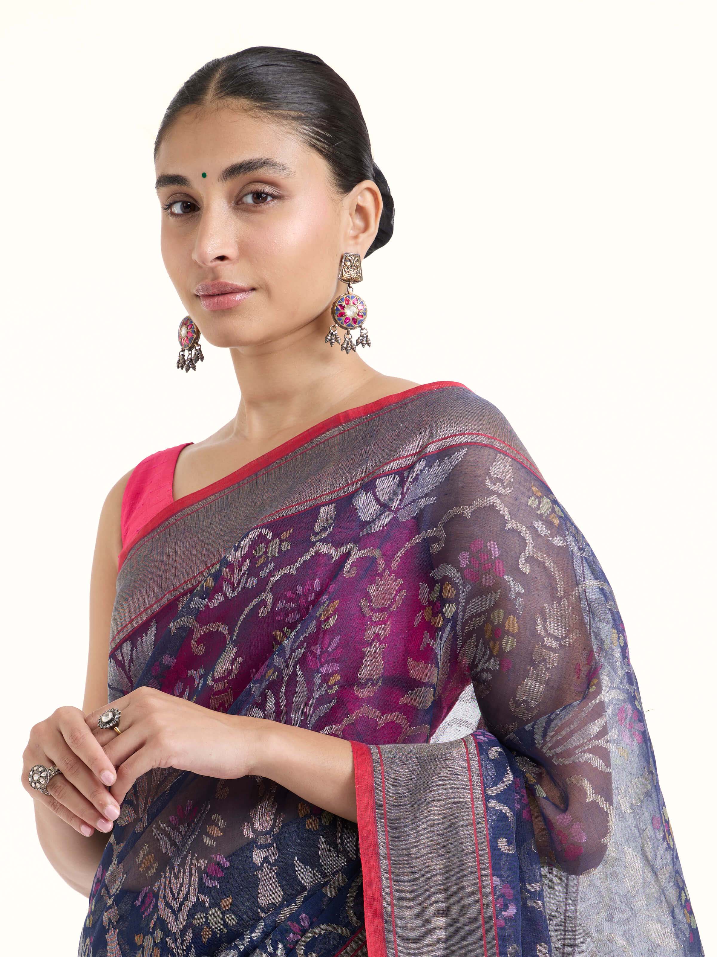 Angled view of the Blue Cotton Awadh Jamdani Saree
