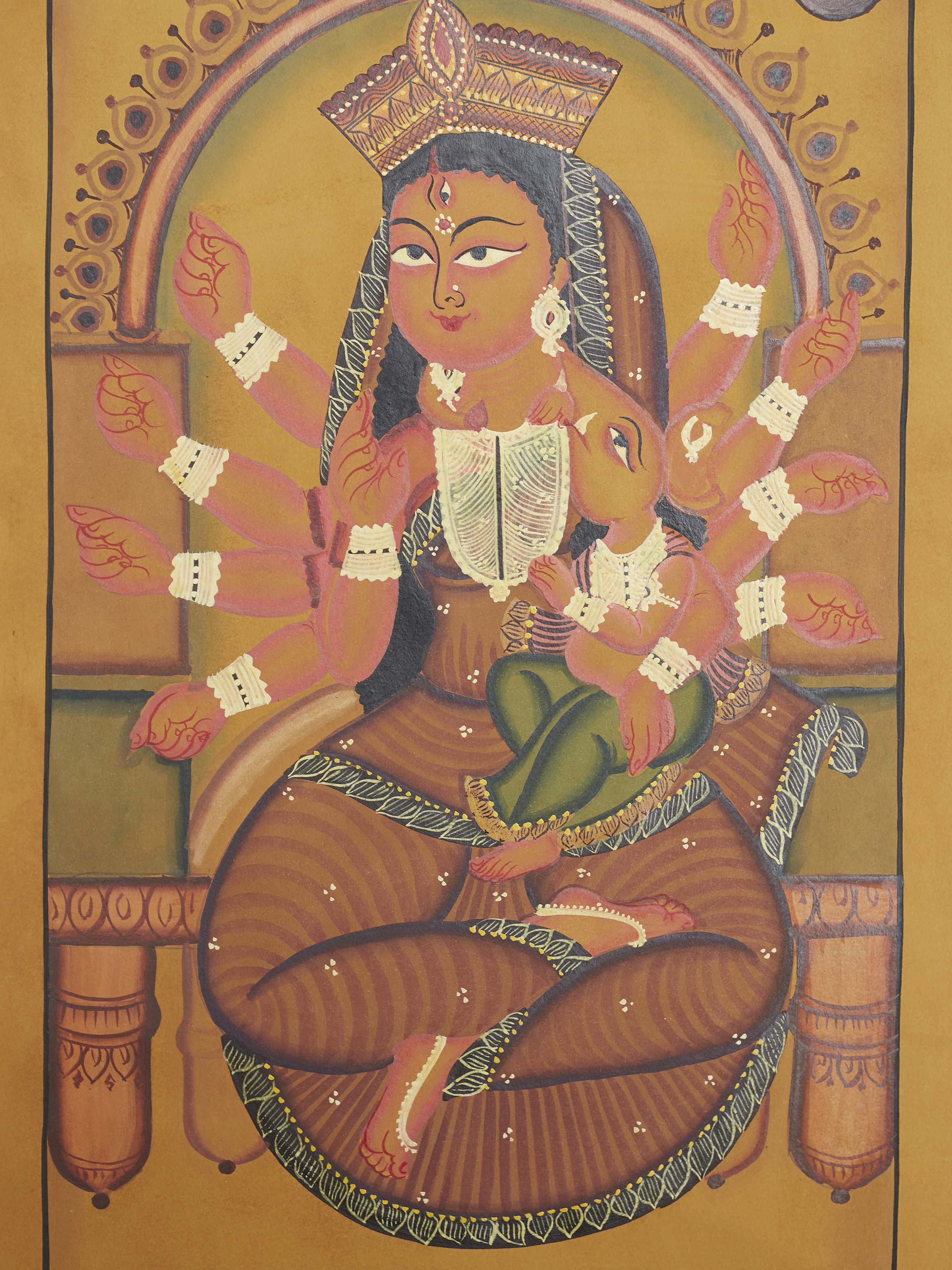 Detail shot of Devi Durga Kalighat painting highlighting intricate details