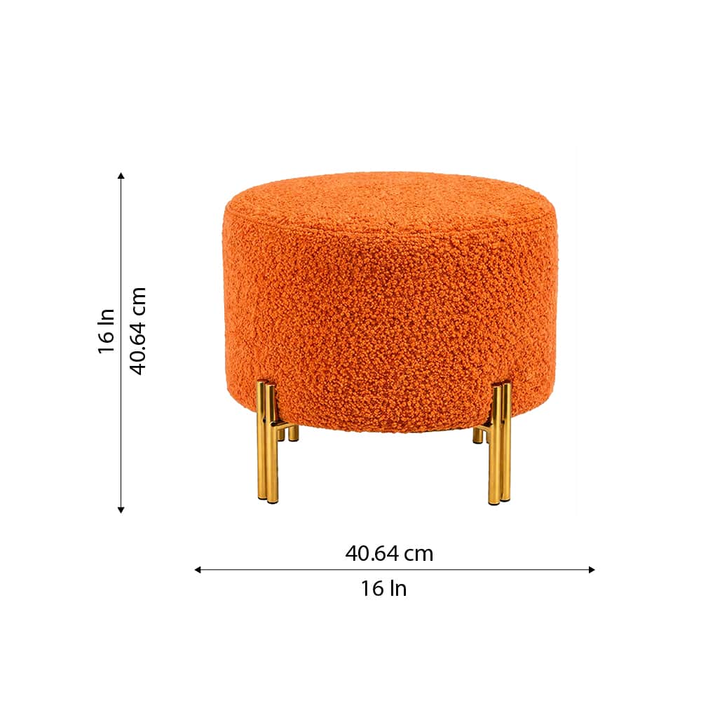 Doe Buck Premium Boucle Round Ottoman in Matte Orange Colour with Polished Gold Legs - Doe Buck