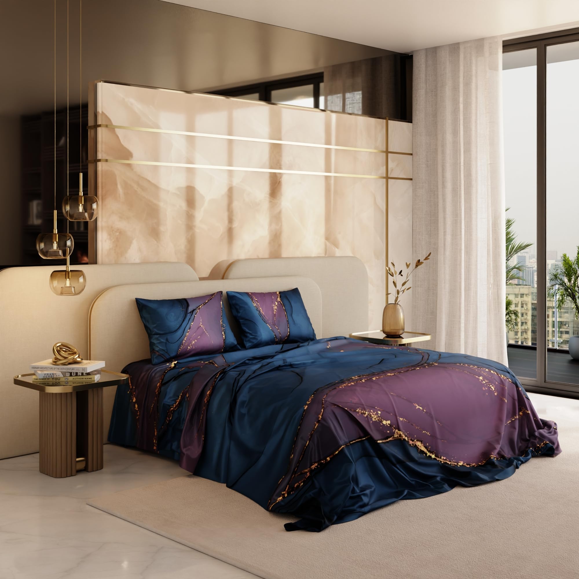 Stoa Paris 300TC UltrSatin Super King Bedsheet with 2 Pillow Covers Satin Super Indigo Purple - Stoa Paris