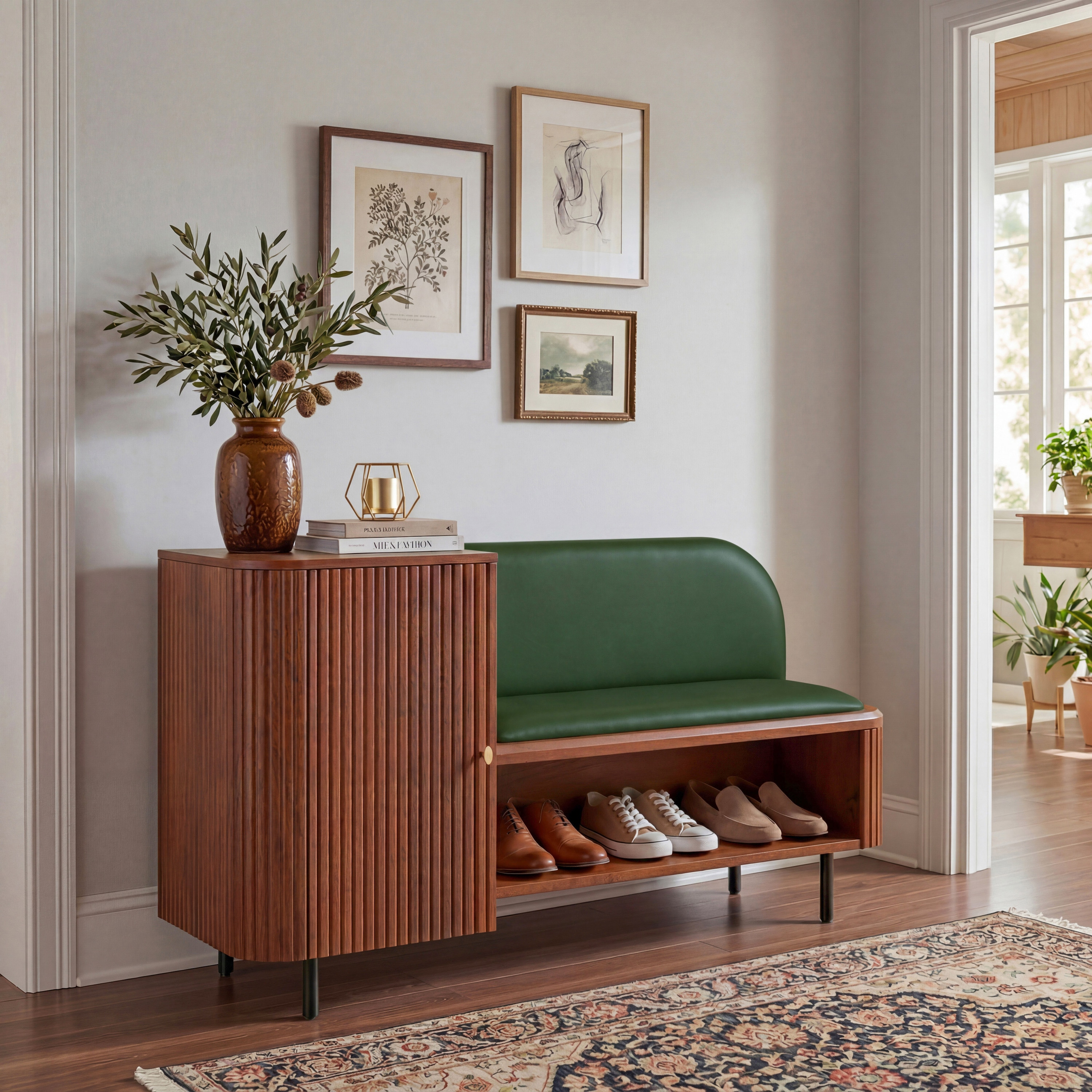 Haven Solid Wood Shoe Cabinet In Honey Finish with Olive leatherette Colour