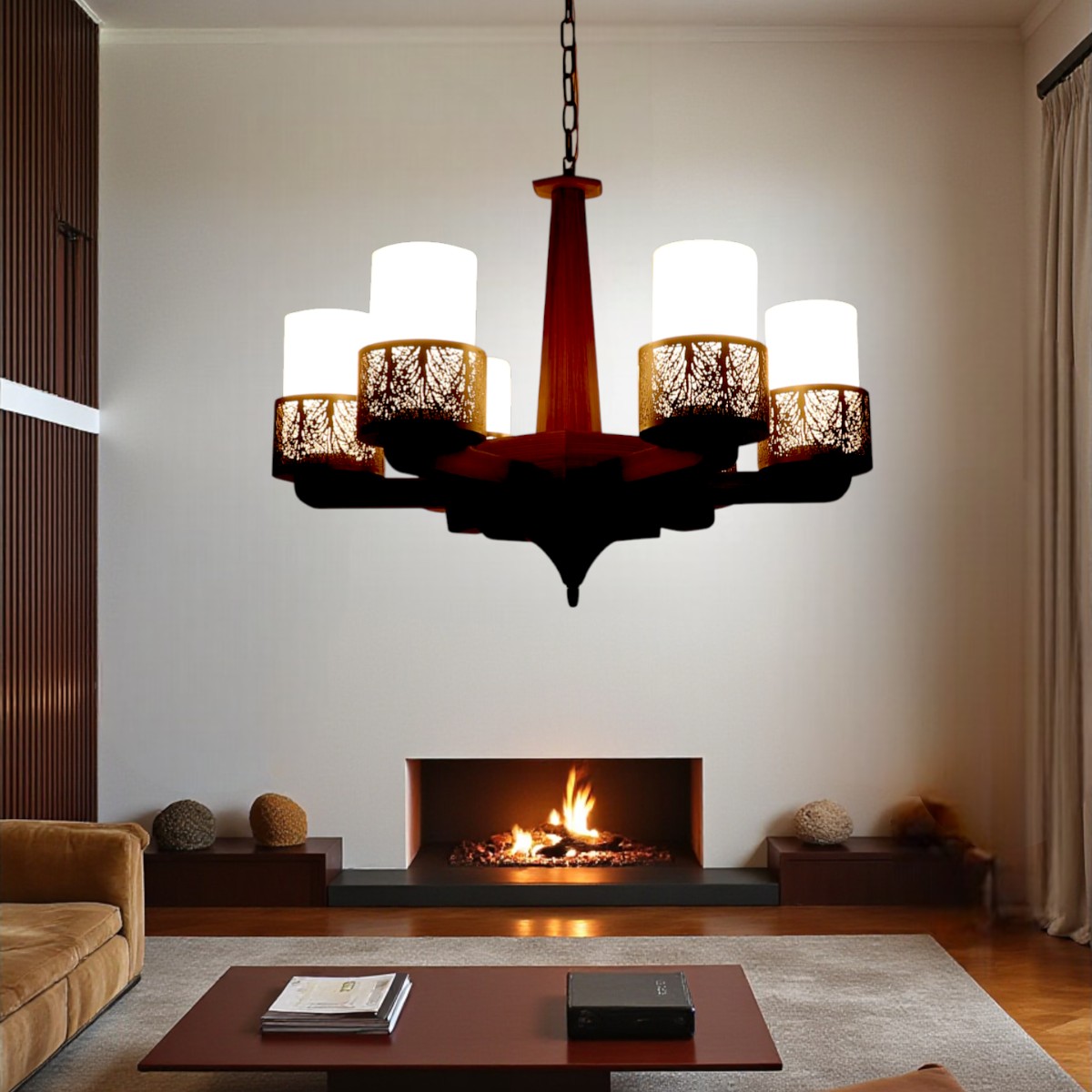 Eliante 6-Light Chandelier, Mild Steel, Glass And Wood, Modern Ceiling Lighting Fixture - Eliante