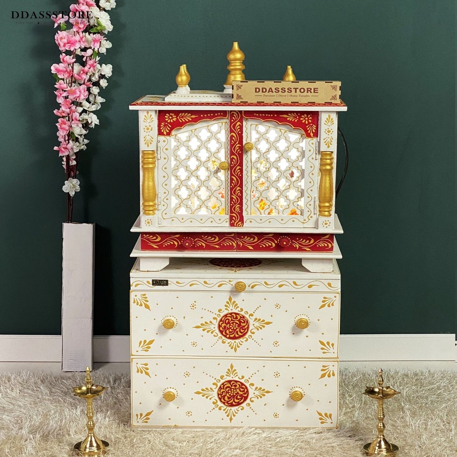 D'Dass Multi Color Mdf and Sheesham Wooden Temple With Cabinet For Pooja - D'DASS