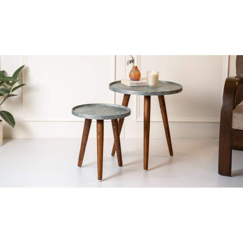 Teal Rain Round Nesting Tables with Wooden Legs, Side Tables, Wooden Tables, Living Room Decor by A Tiny Mistake