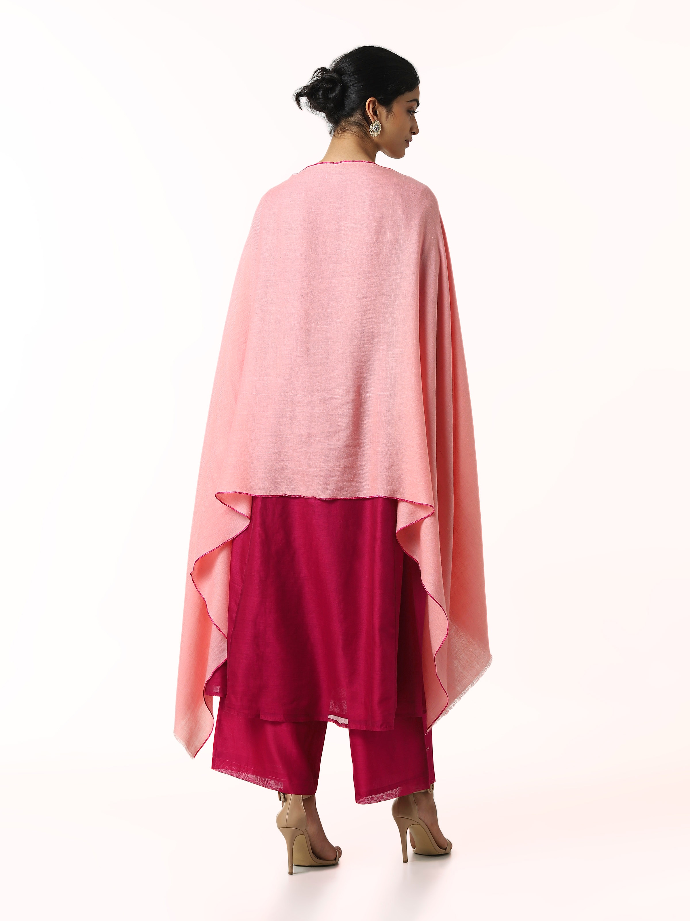 Back view of pink cashmere kaaj embroidered handwoven stole displaying complete weave
