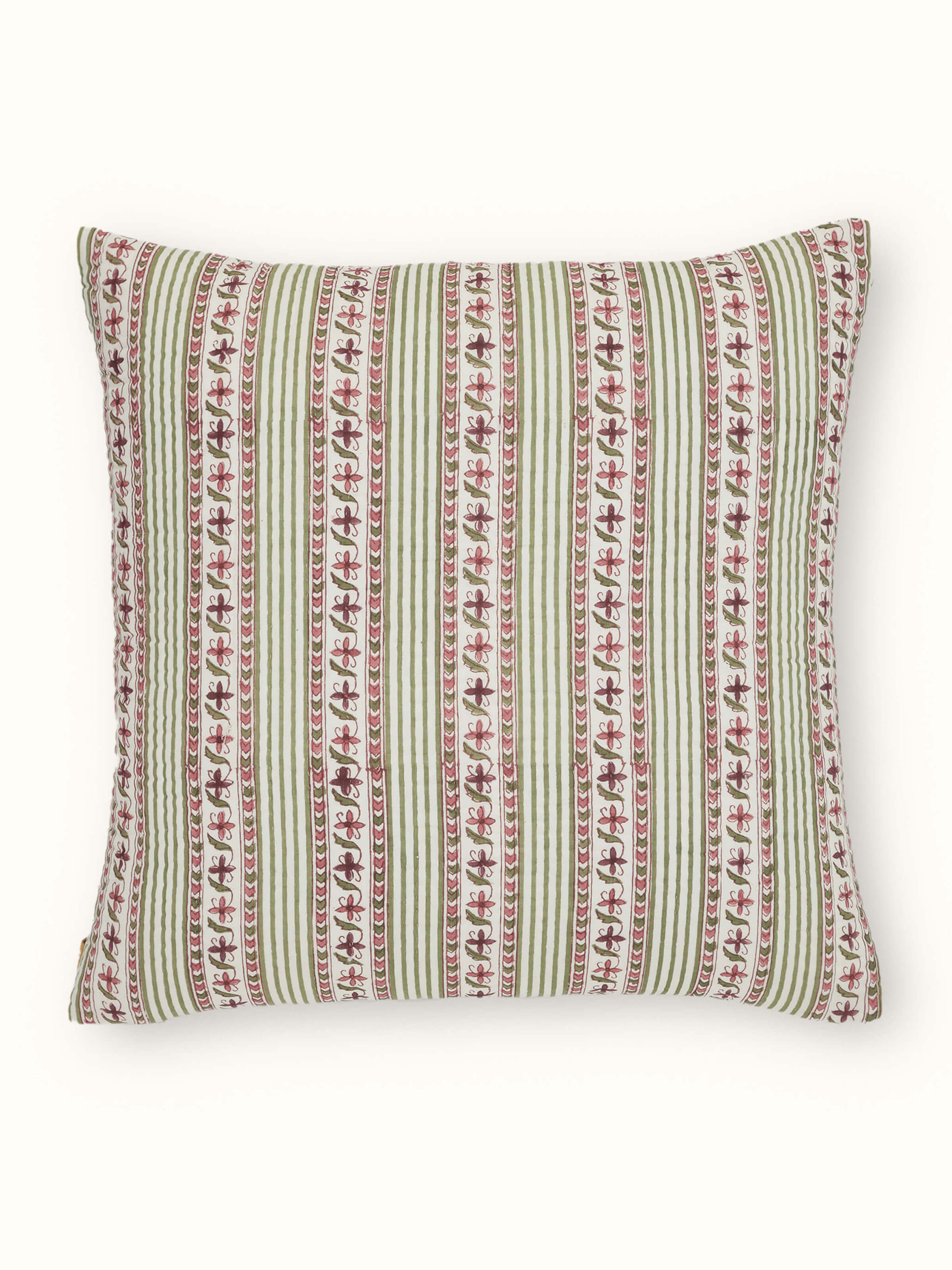 Aarunya Red Floral Stripe Cotton Sanganeri Block Printed Cushion Cover