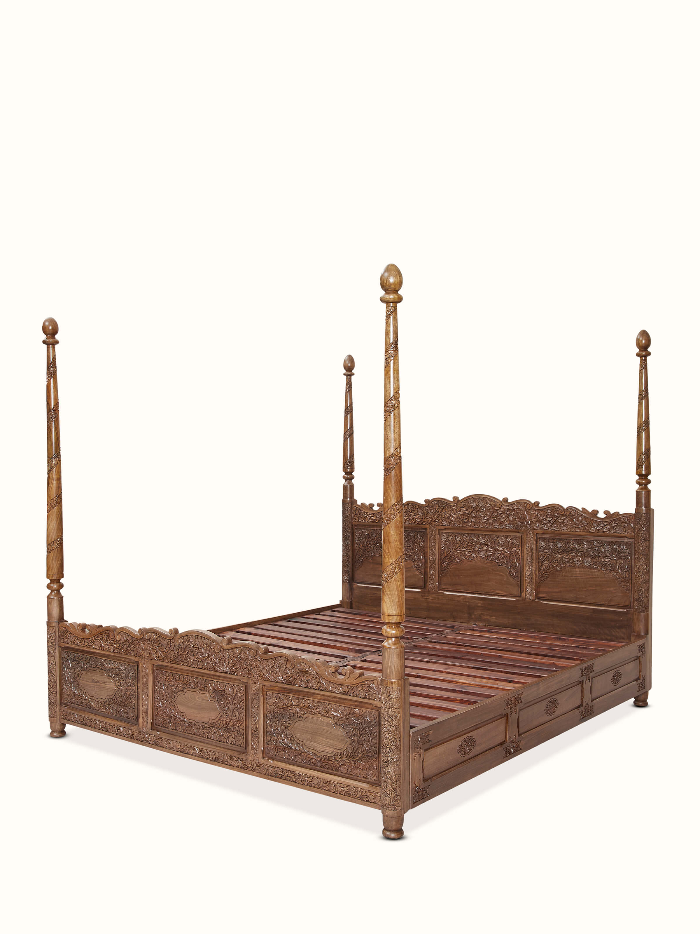 Side angle of Carved Walnut Wood Poster Bed highlighting detailed craftsmanship and elegant poster frames