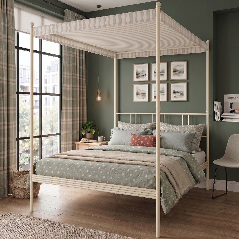 Perryn Four Poster Metal Non Storage King Bed in Glossy Ivory Finish