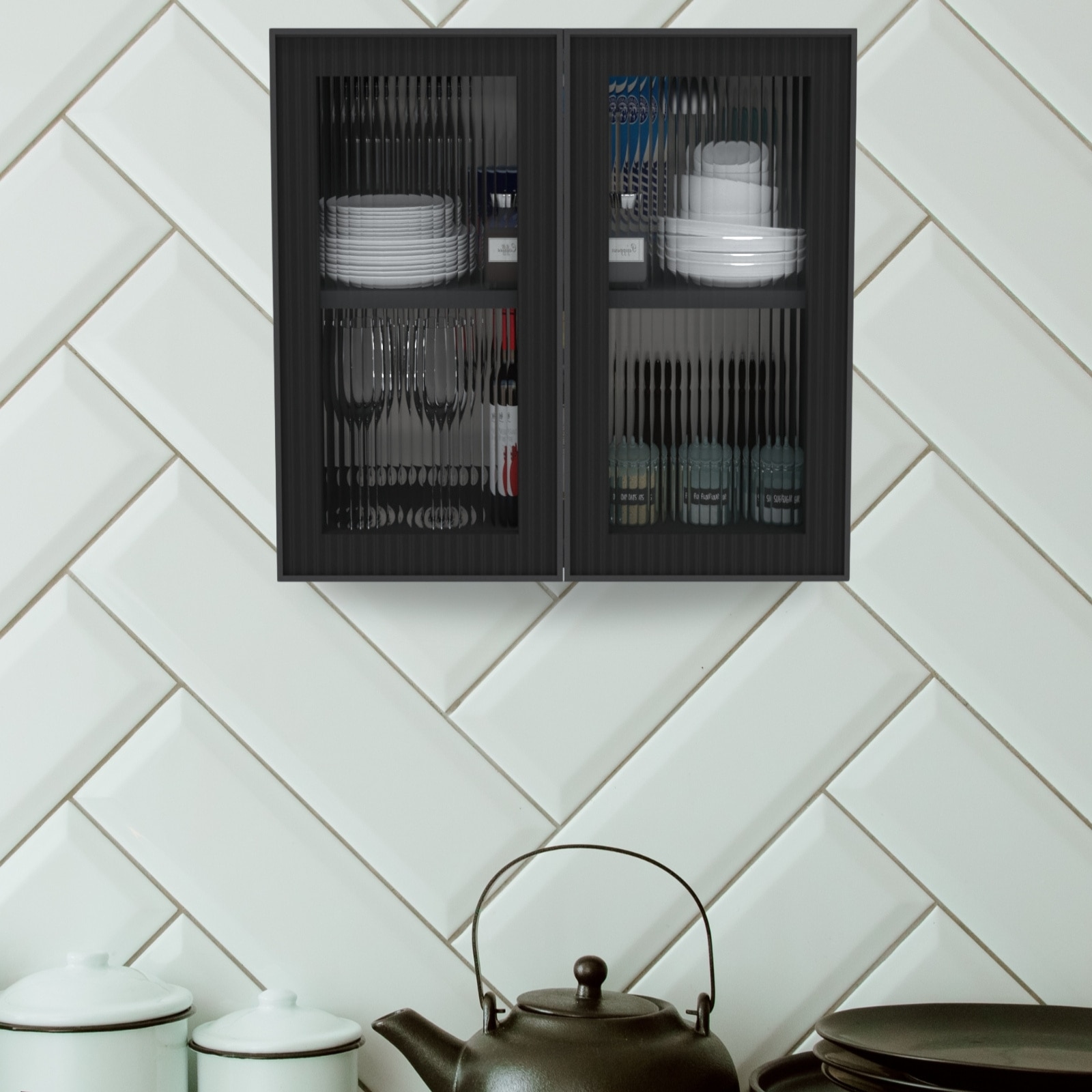 Aluminium Black Profile 2 Fluted Glass Handless Shutters Wall Cabinet In Slate Grey Finish-image-42