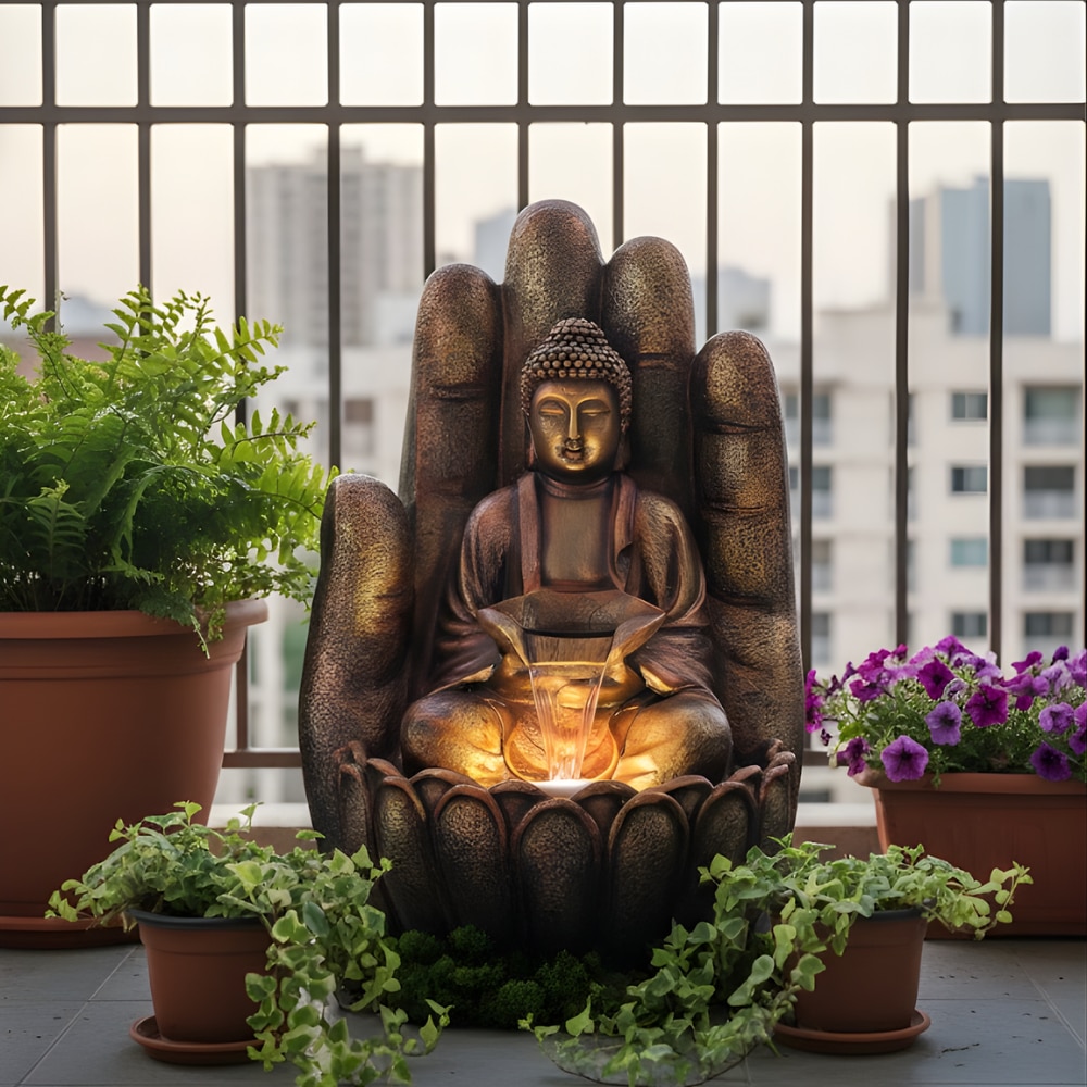 Copper Fiber Glass Palm Buddha Indoor Water Fountain