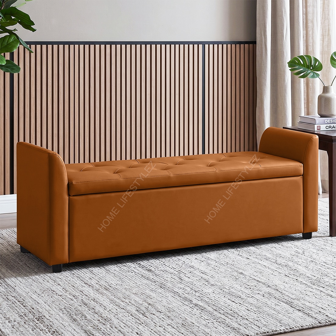 Sibol Leatherette 2 Seater Ottoman Bench with Storage in Tan Color