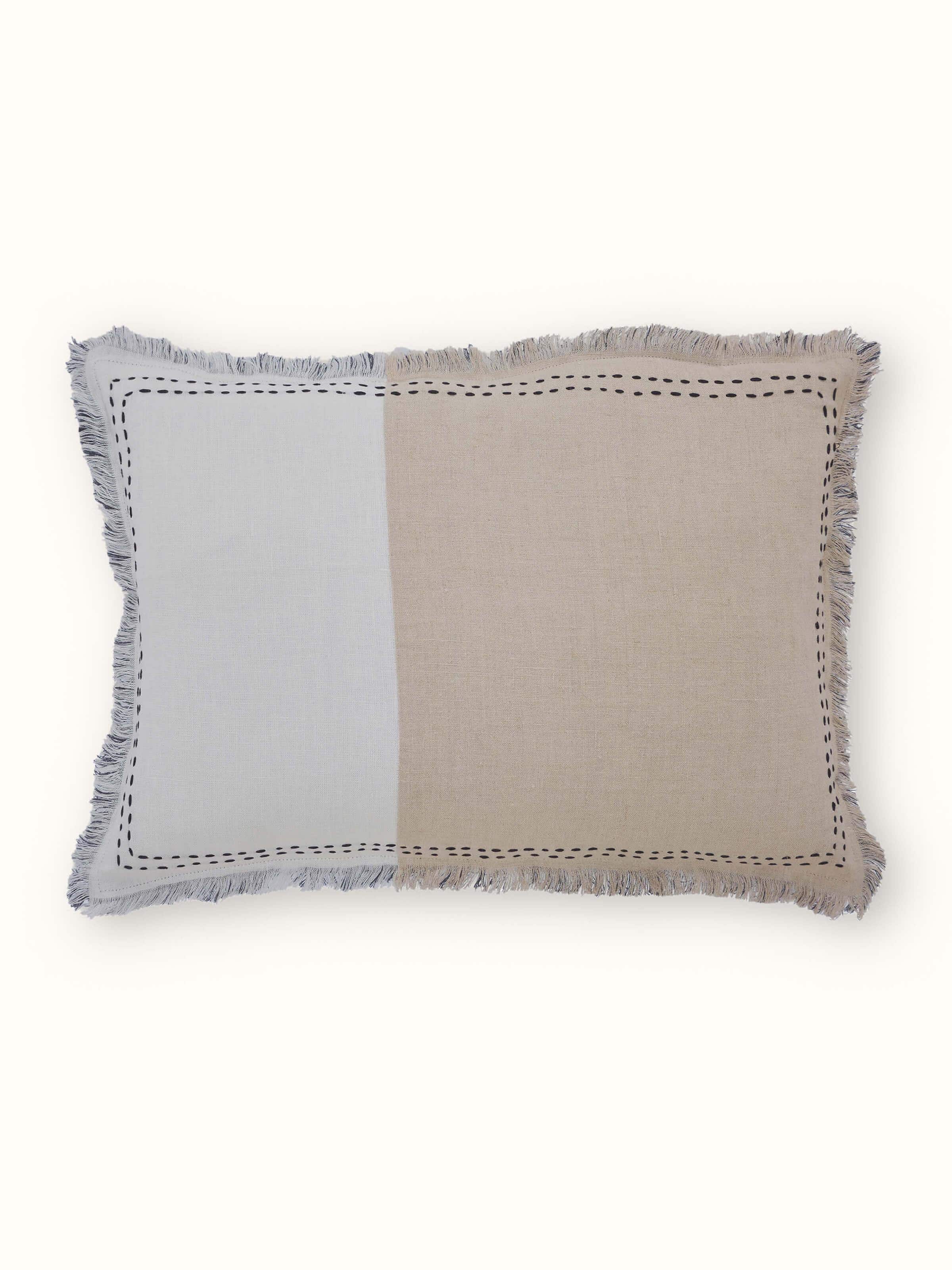 Kahani Beige Ivory Linen Kantha Hand Embroidery Cushion Cover