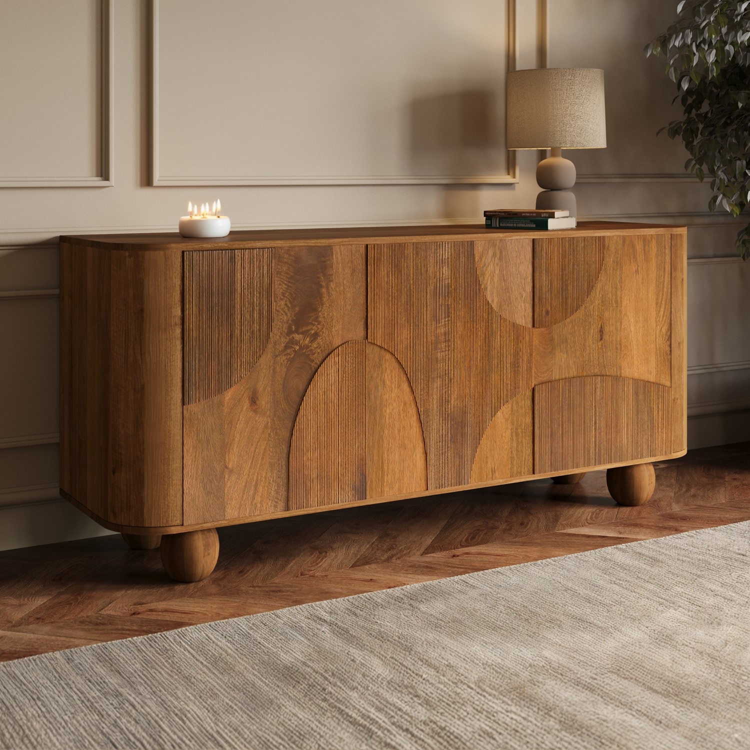 Amber Solid Mango Wood Sideboard with 3 Door in Natual Finish - Woodenmood