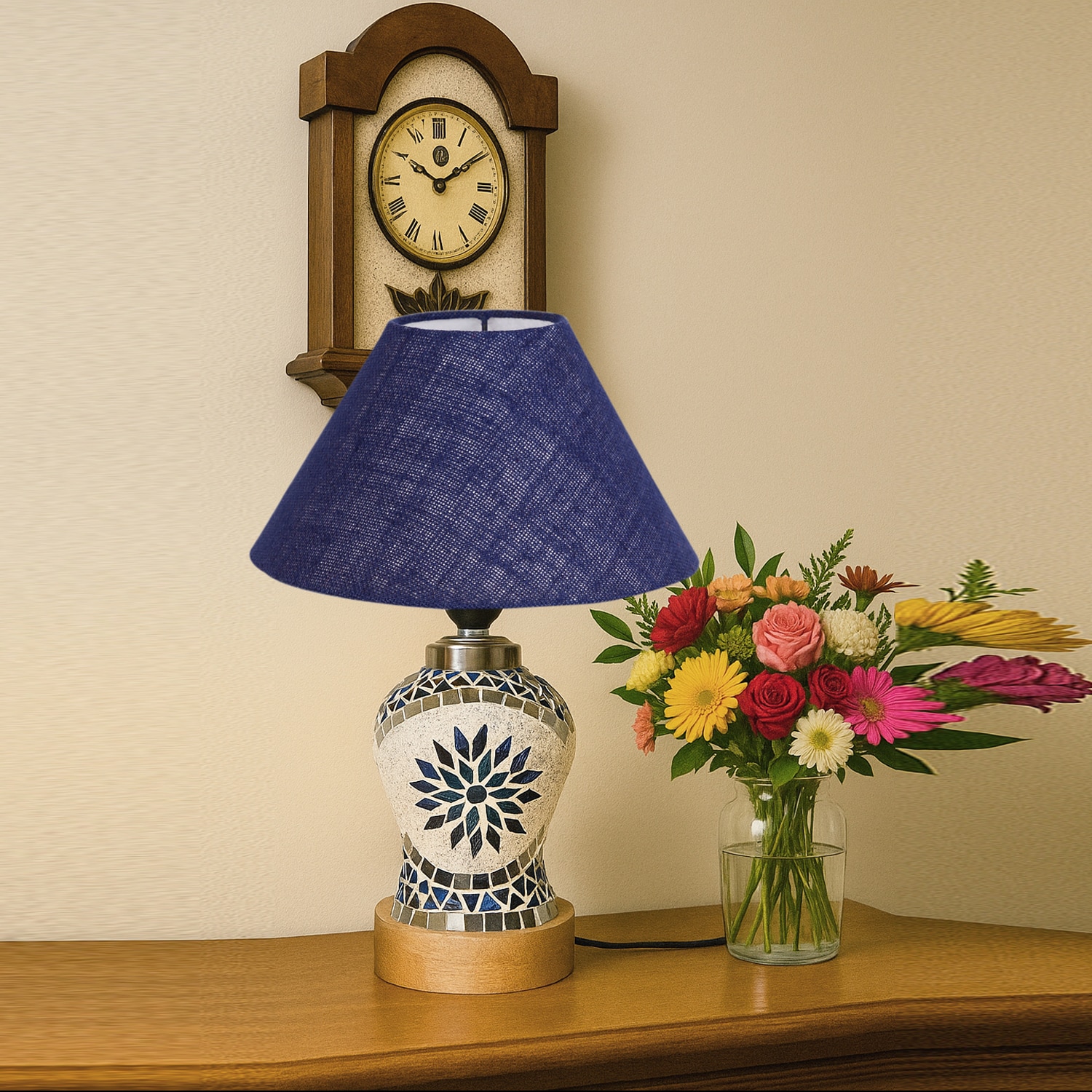 Devansh Conical Blue Jute Shade Lamp With Wood & Mosaic Glass Base For Decoration/Office/Home/Gifting/Study For Decoration/Office/Home/Gifting/Study -(10X10X14.5) Inches -A - Devansh