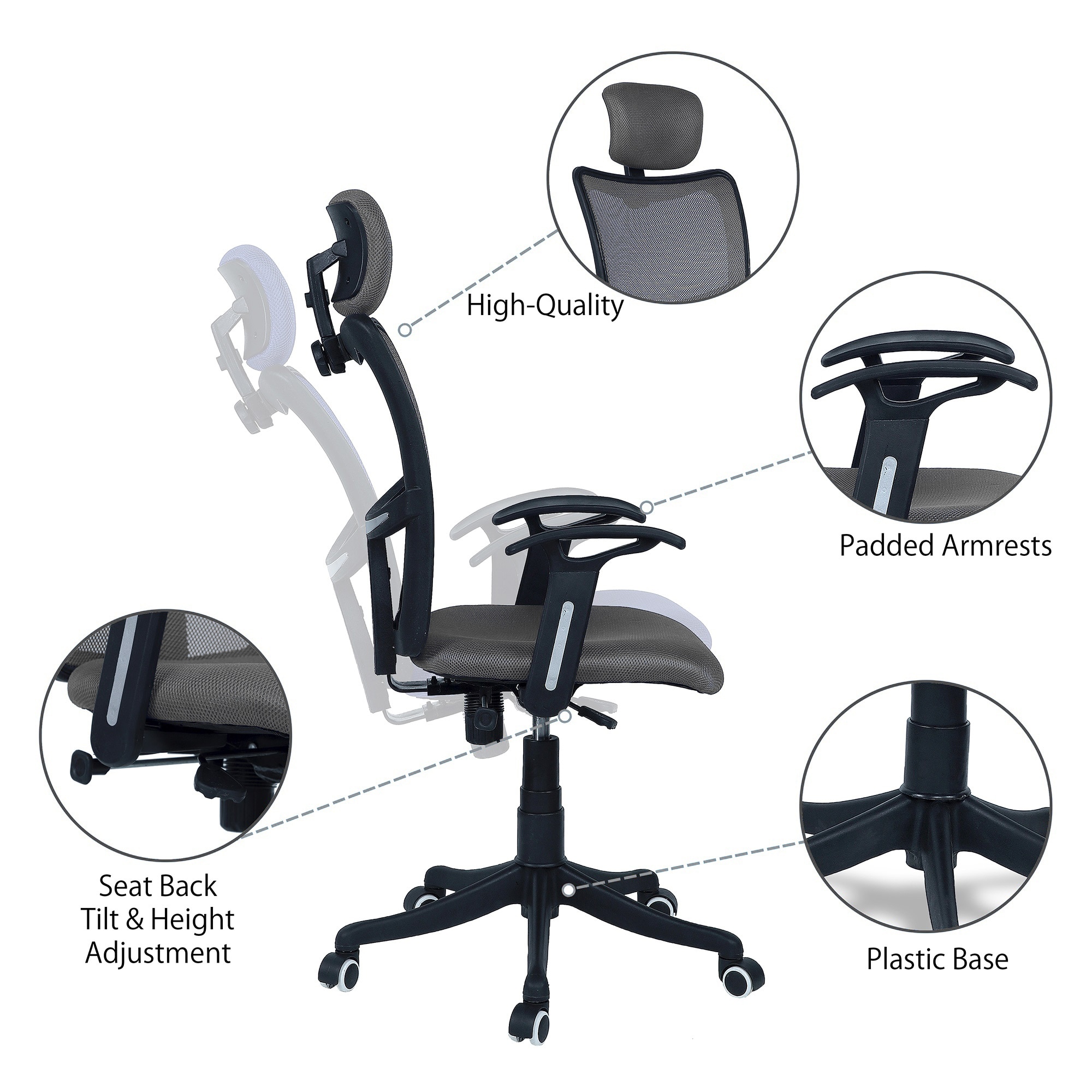 Jeaorda High Back Ergonomic Chair in Grey Colour