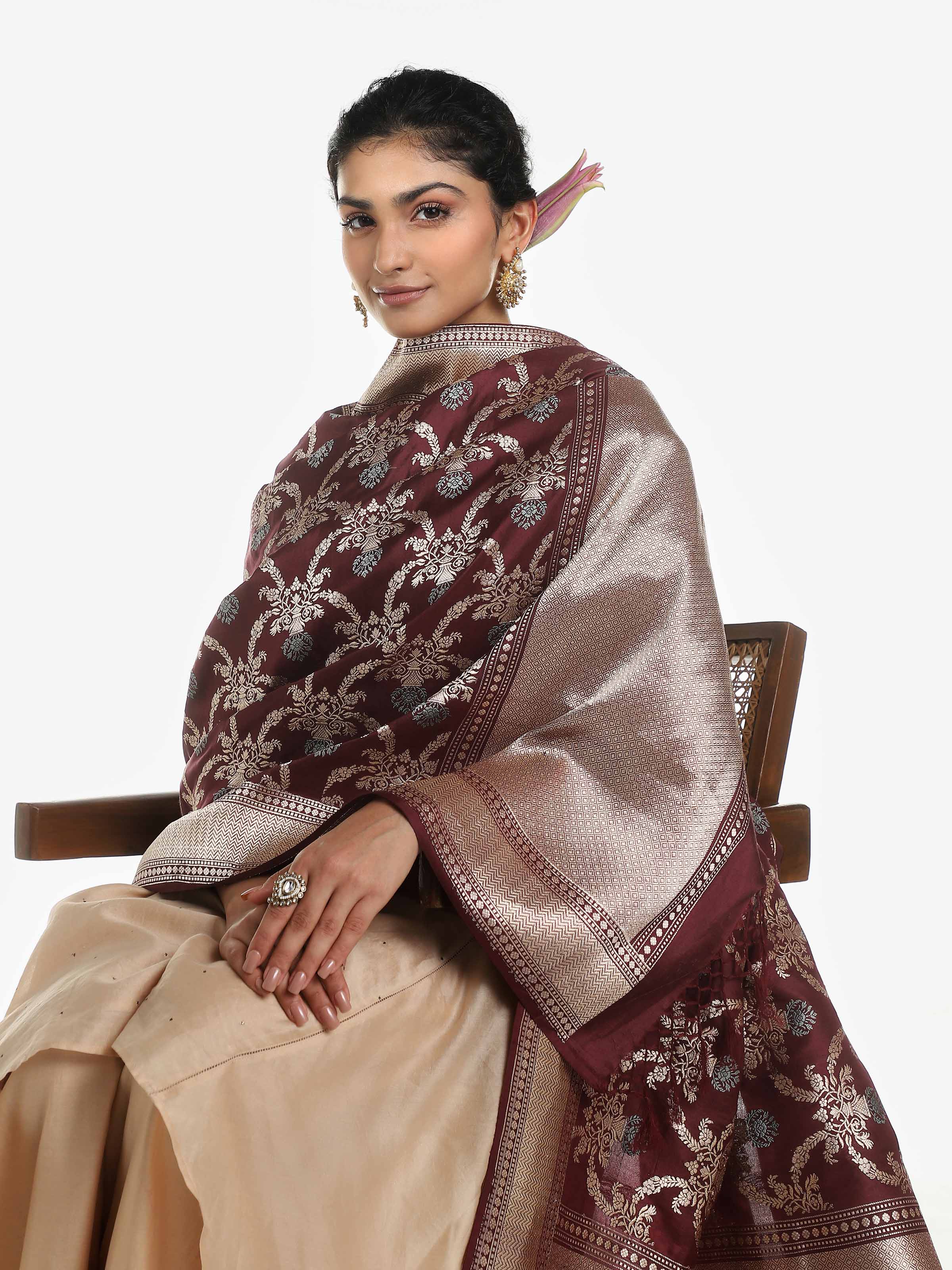 Side view of brown silk Banarasi dupatta with detailed woven pattern