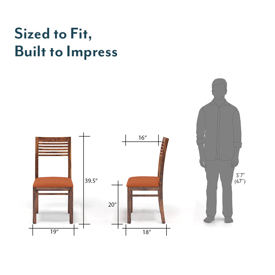 Zella Solid Wood Dining Chair Set Of 2 In Teak Finish With Burnt Orange Colour Fabric