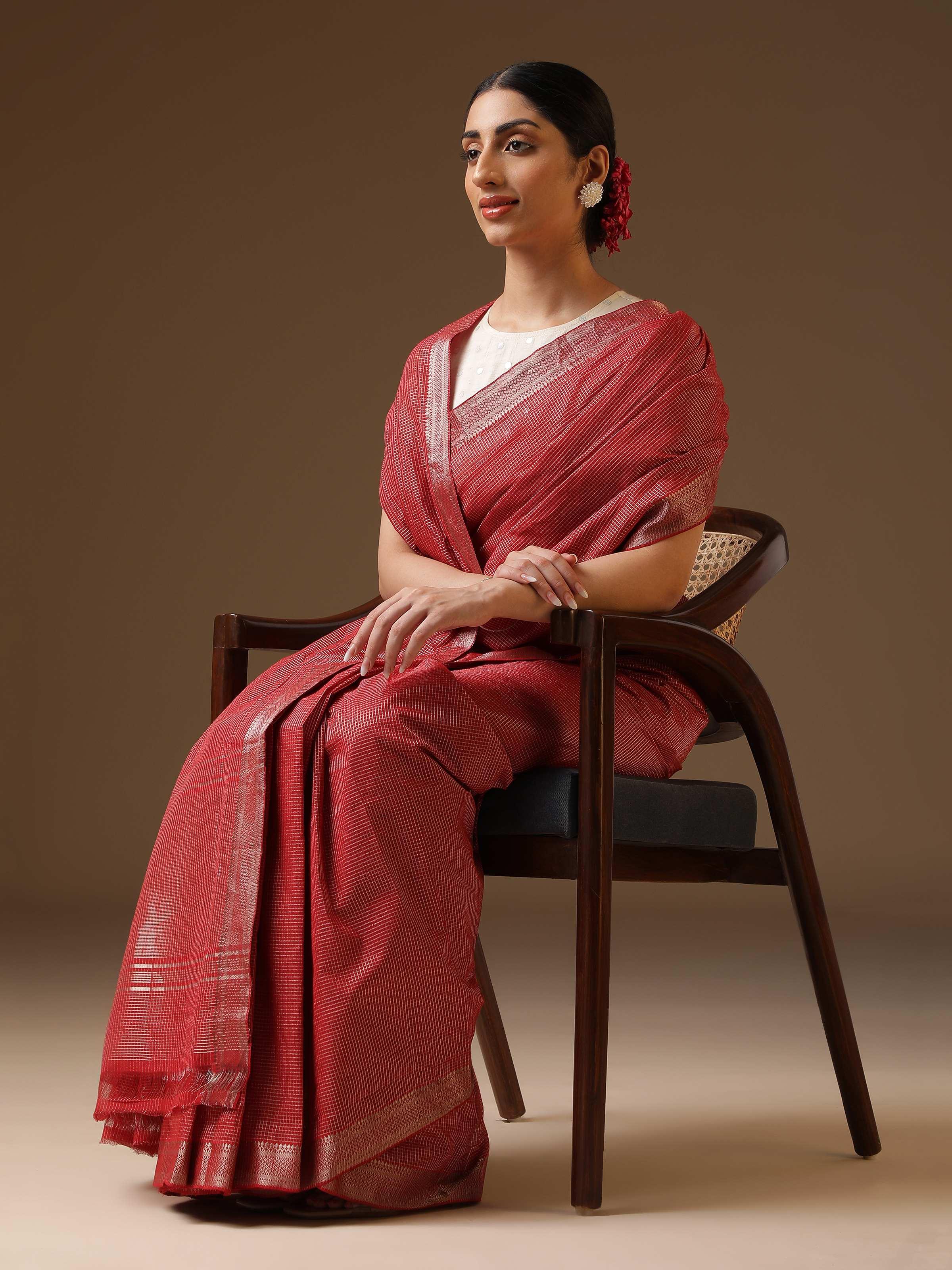 Red Cotton Blend Mangalgiri Saree