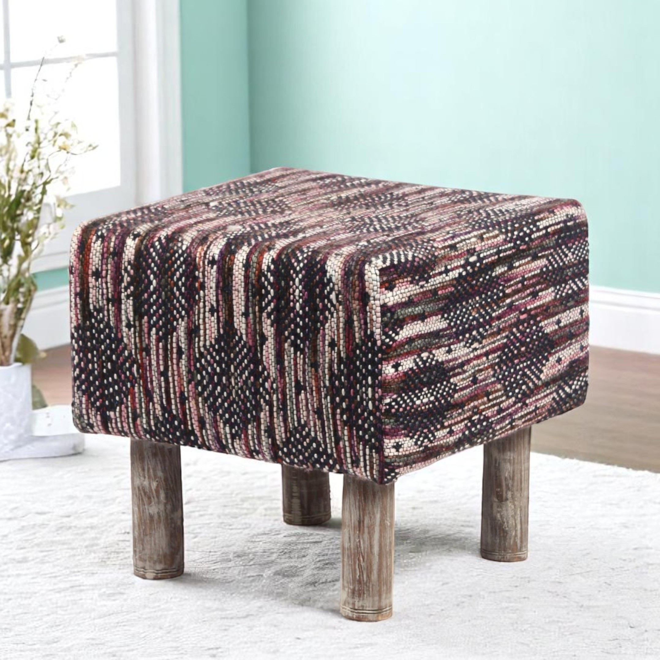 Verona Solid Wood Pouf Stool in Black Diamond Jackard fabric