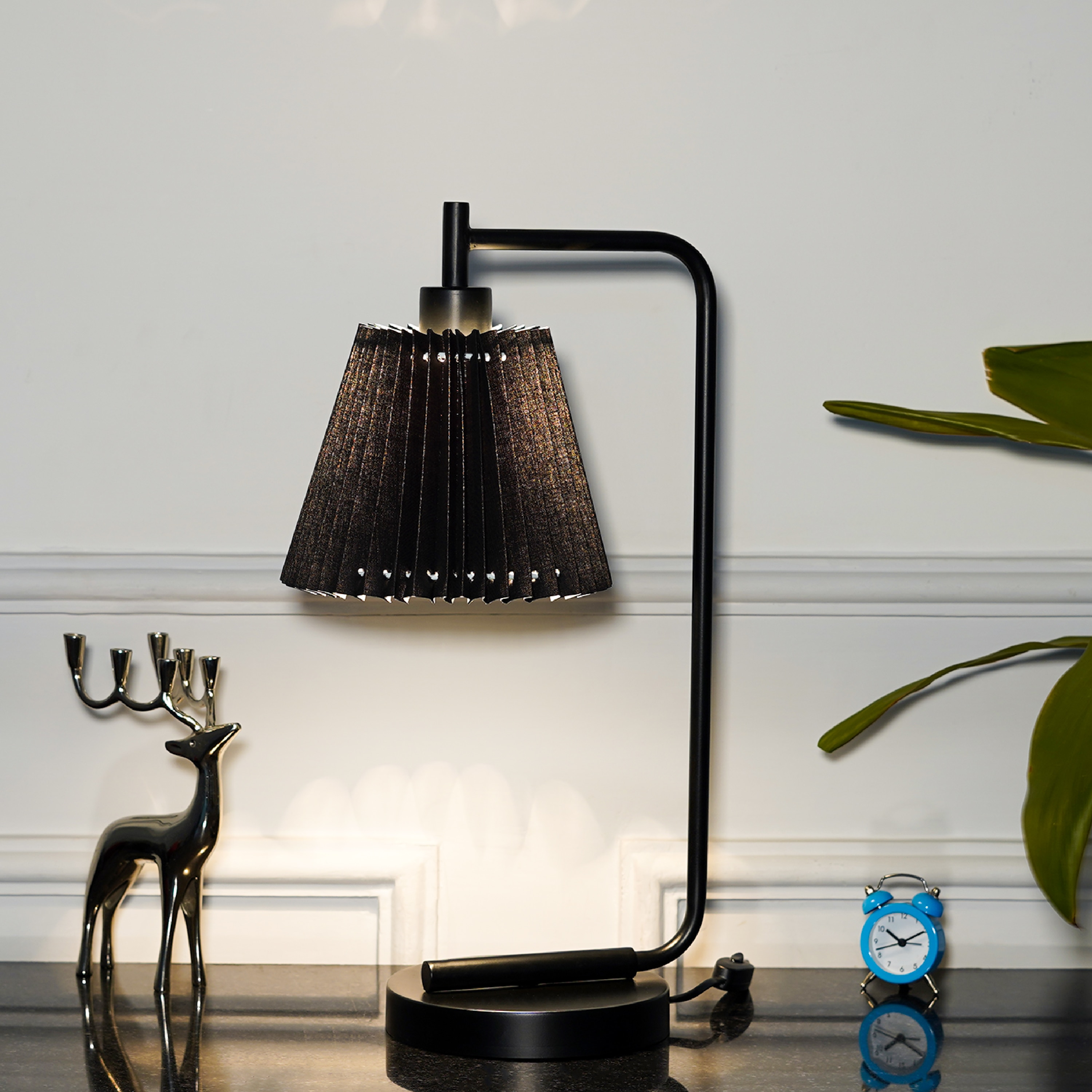 Bond Black Metal Study Table Lamp With Black Pleated Shade