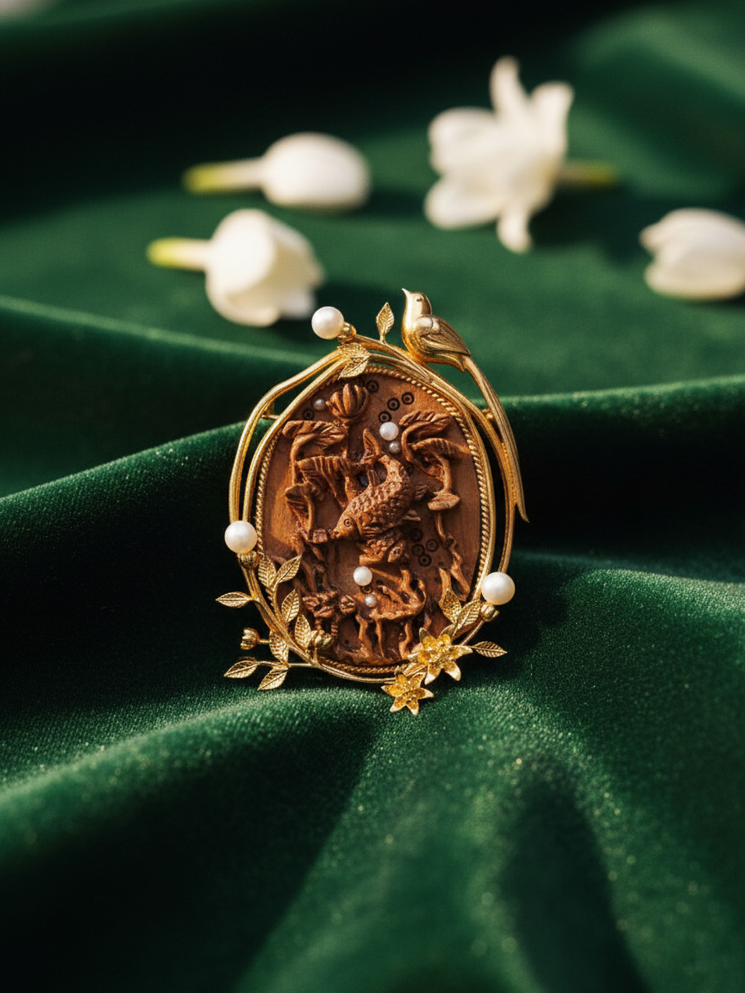 Lifestyle view of Carved Wood & Silver Pendant & Chain