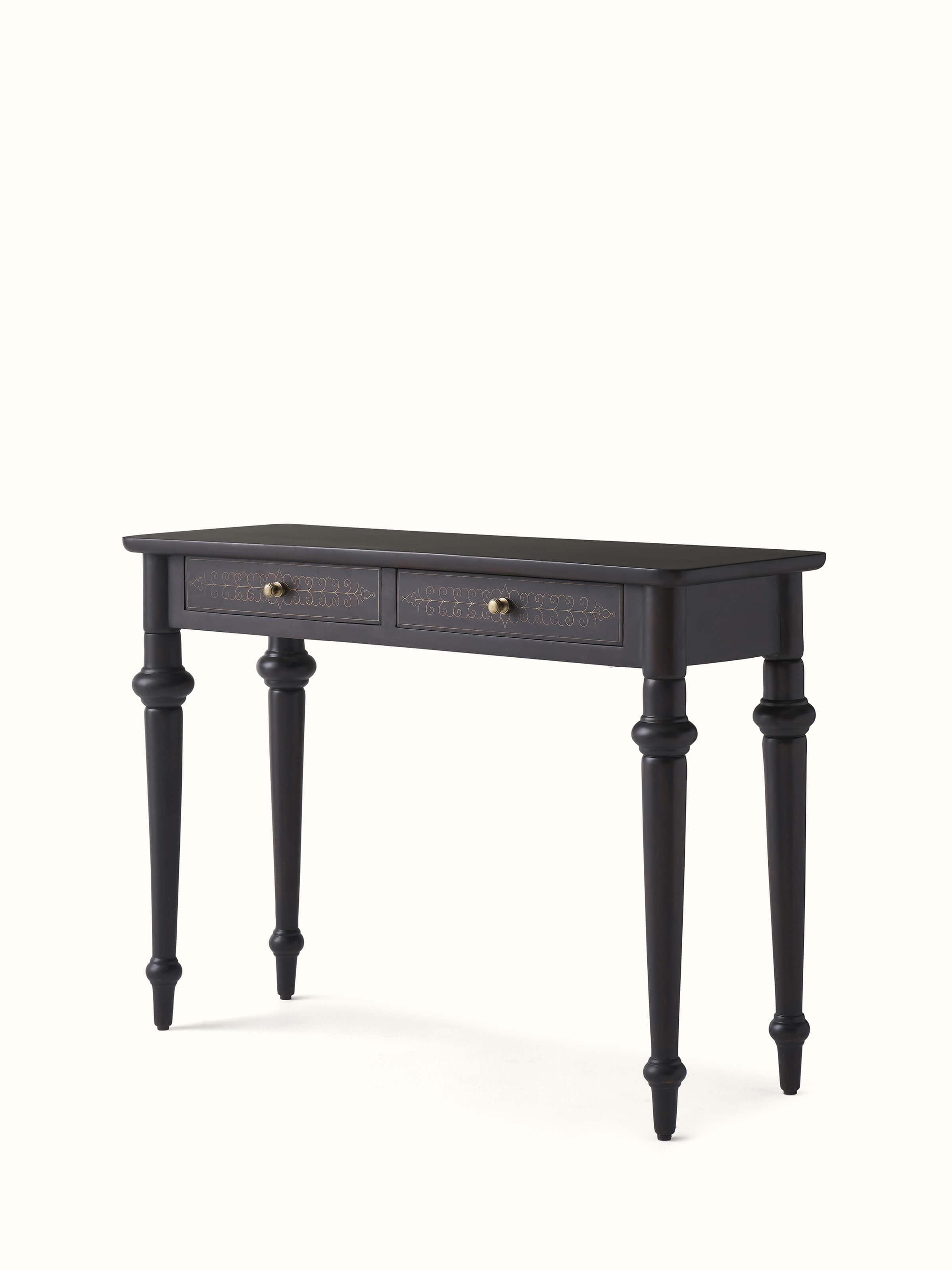 Side view of the Sheesham wood and brass tarkashi console table, displaying the elegant profile and design elements.
