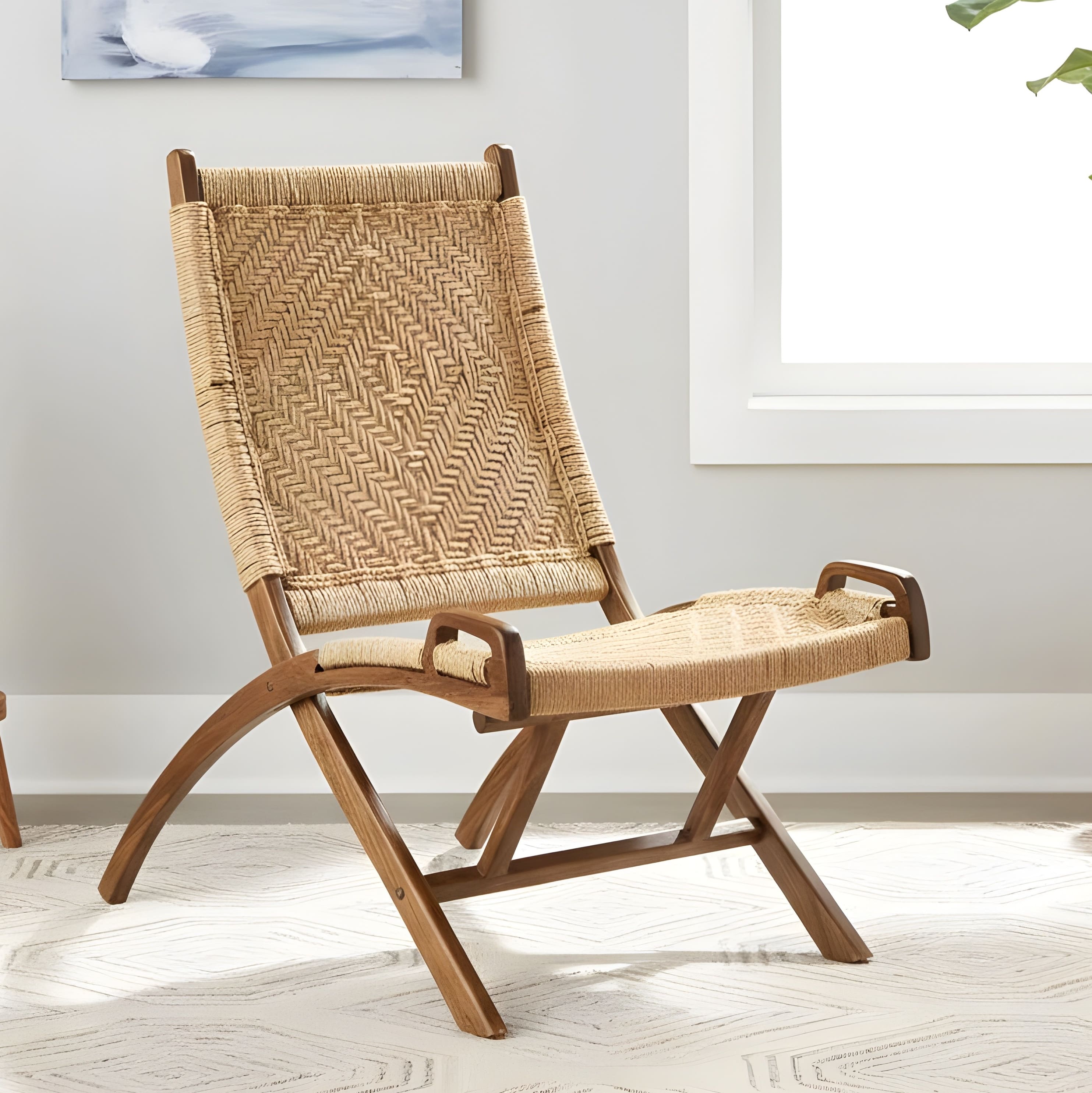 NatWest Sheesham Wood Vintage Balcony Chair in Natural Jute Rope Canning