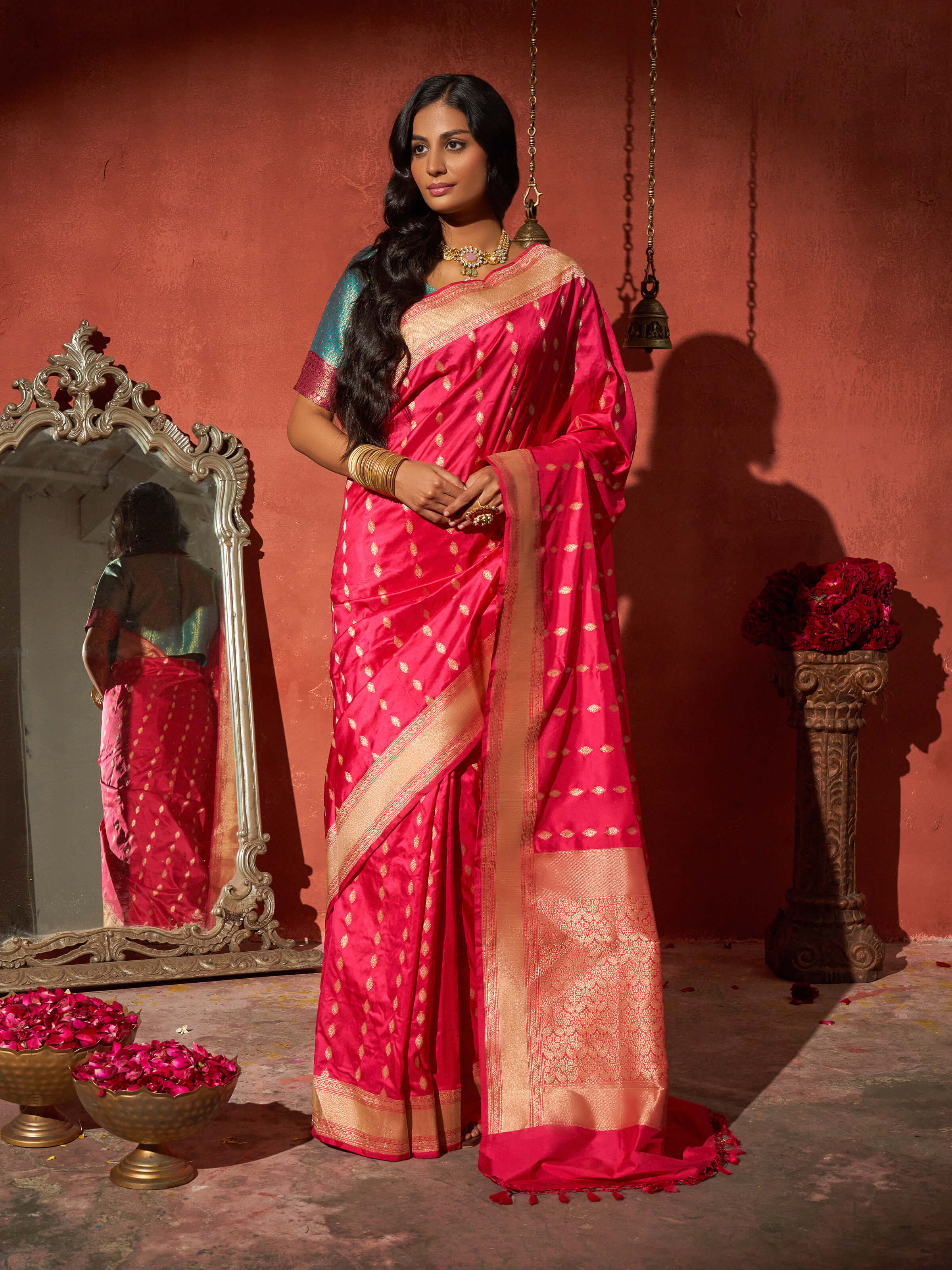 Side view of purple mulberry katan silk Banarasi saree with elegant drape and border