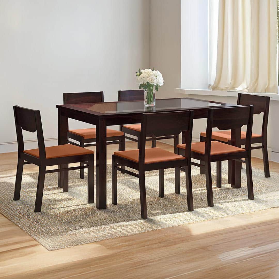Floyd 6 Seater Dining Table, Glass Top With Set Of 6 Kerry Dining Chairs (Colour- Burnt Orange, Finish- Mahogany)