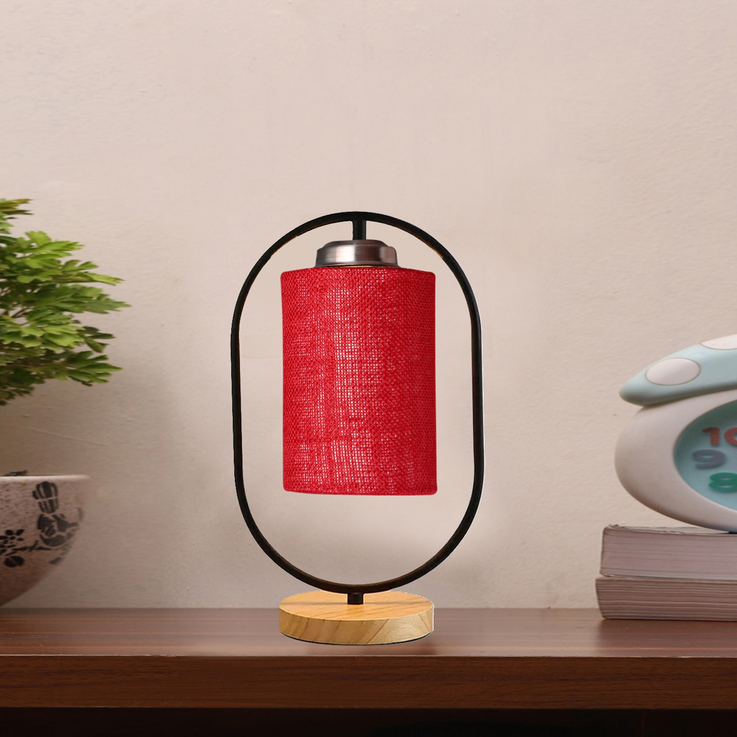 Devansh Maroon Jute Drum   Wooden & Iron Table Lamp -17 Inch Height  -L